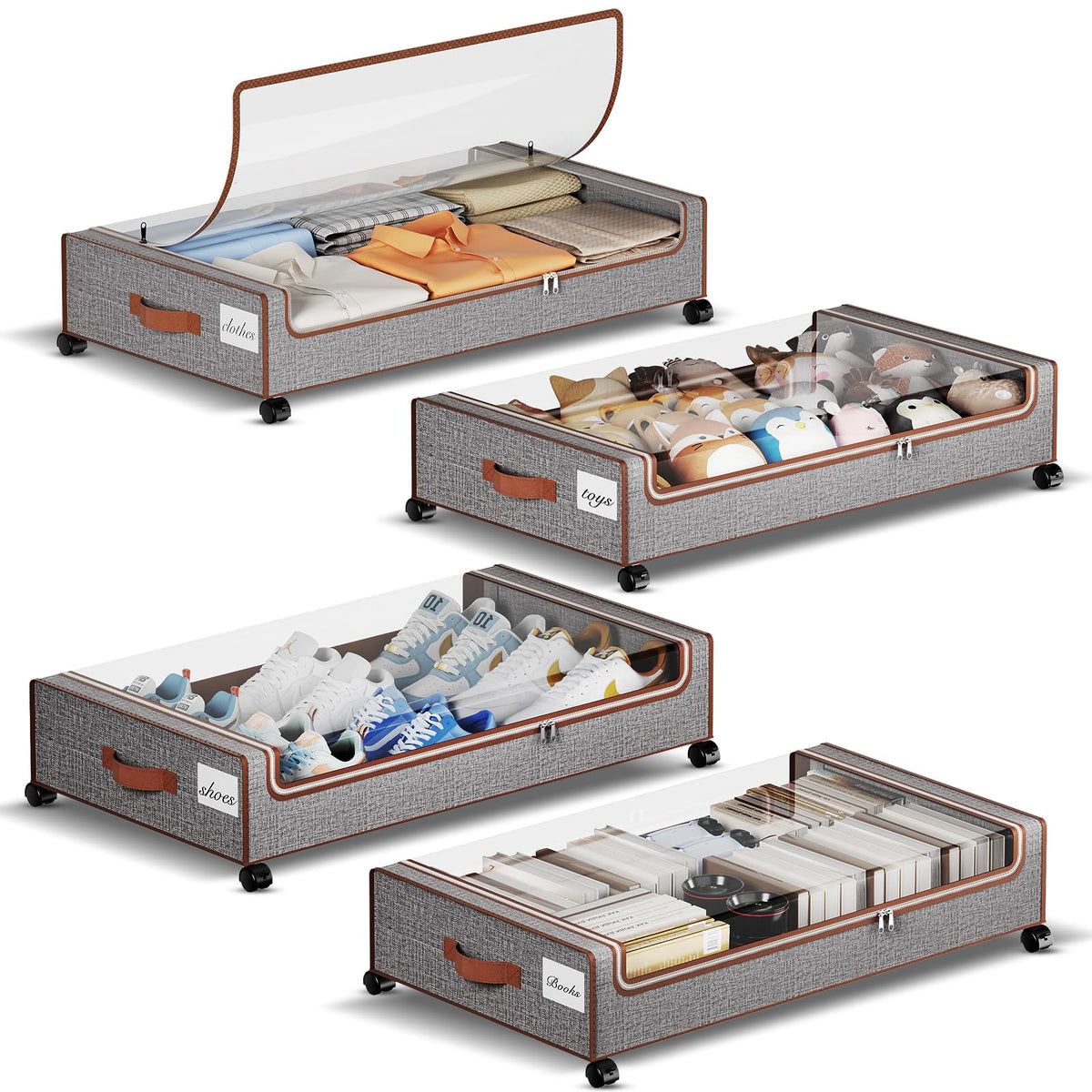Yecaye 60L Under Bed Storage with Wheels, 4 Pack, Greige