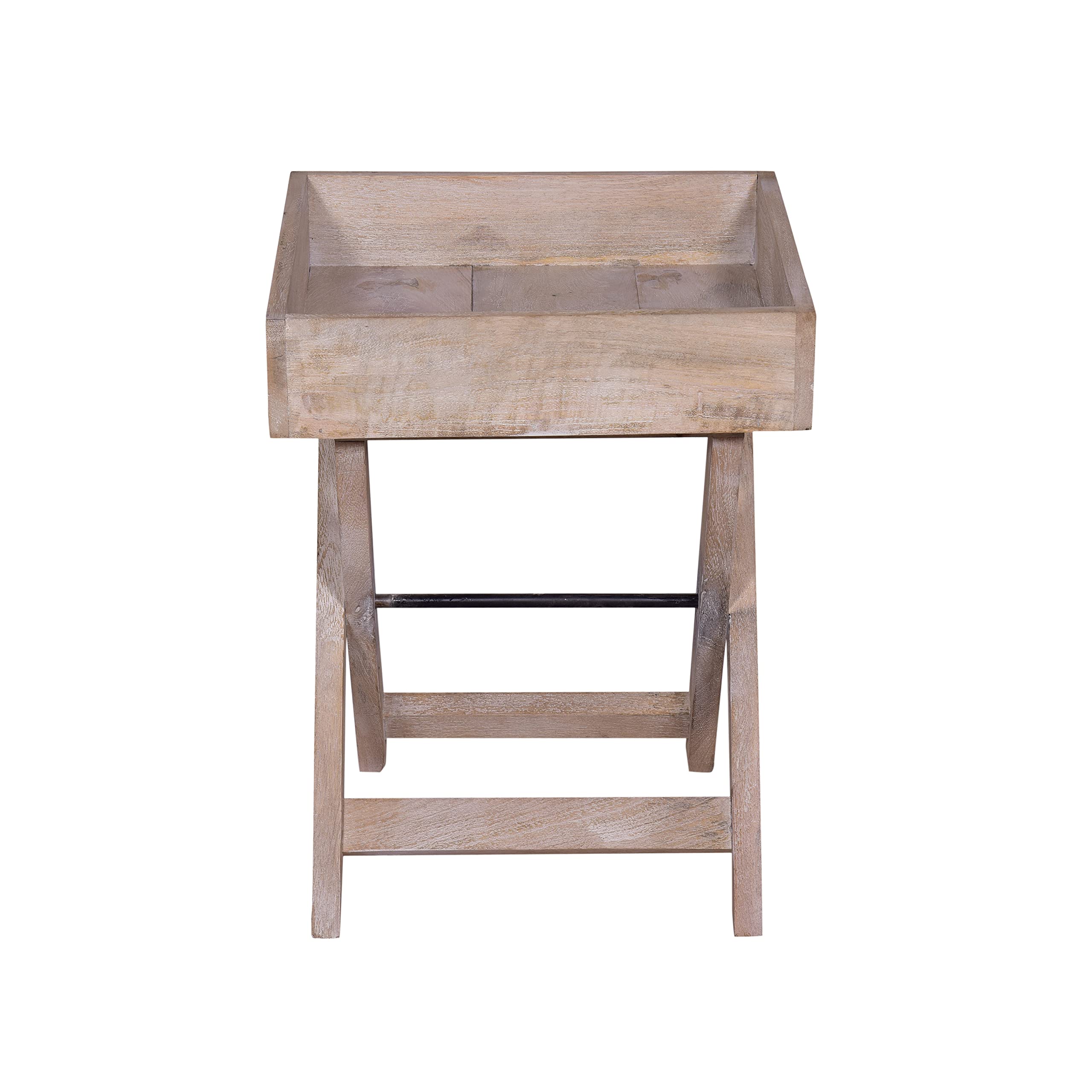TUP The Urban Port 22 Inch Farmhouse Square Tray Top End Table, Mango Wood, X Shape Foldable Frame, Washed White