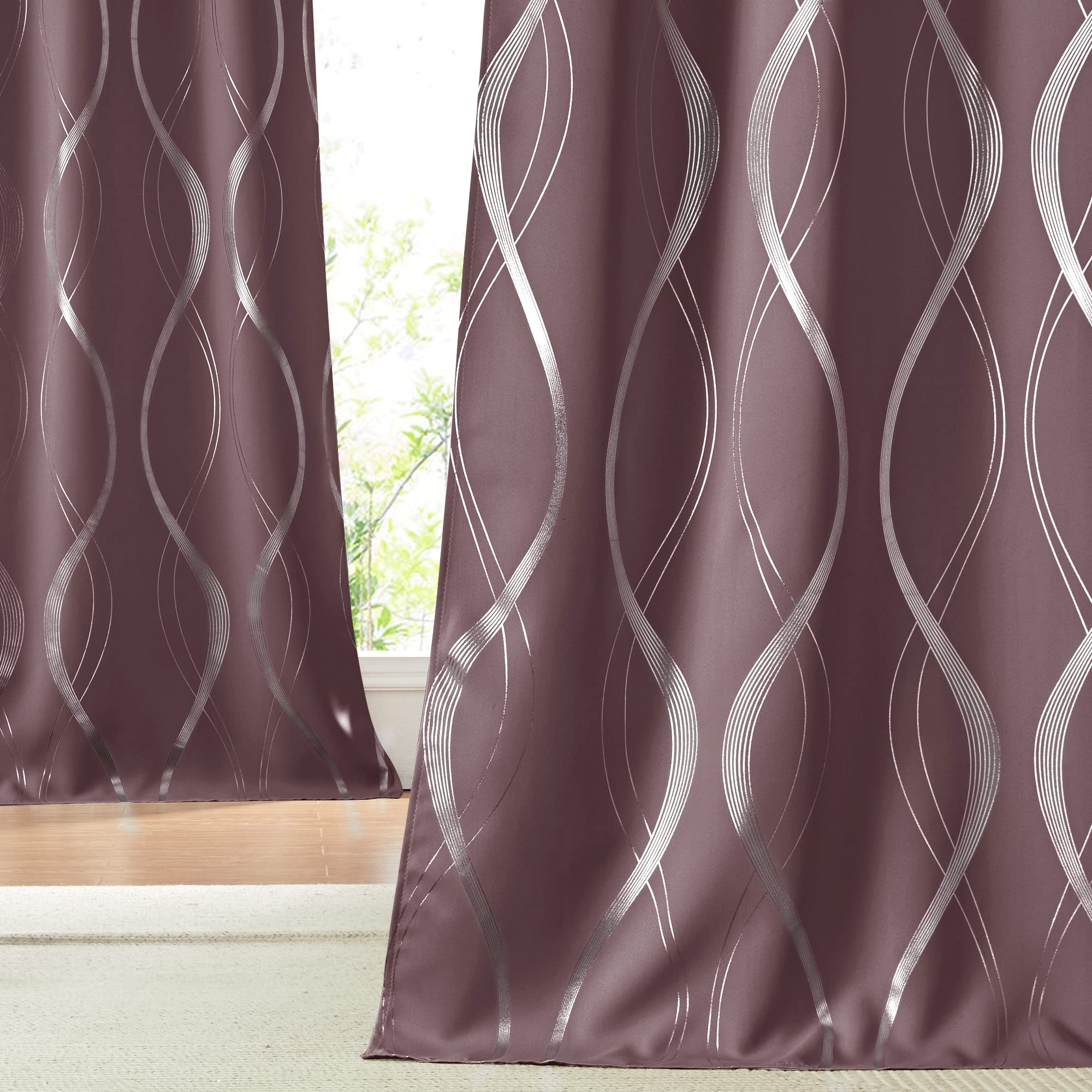 Nicetown Dry Rose Blackout Curtain Panels For Bedroom, 2 Panels, 52 X 84 Inch, Noise Reducing Thermal Insulated Wave Line Foil P