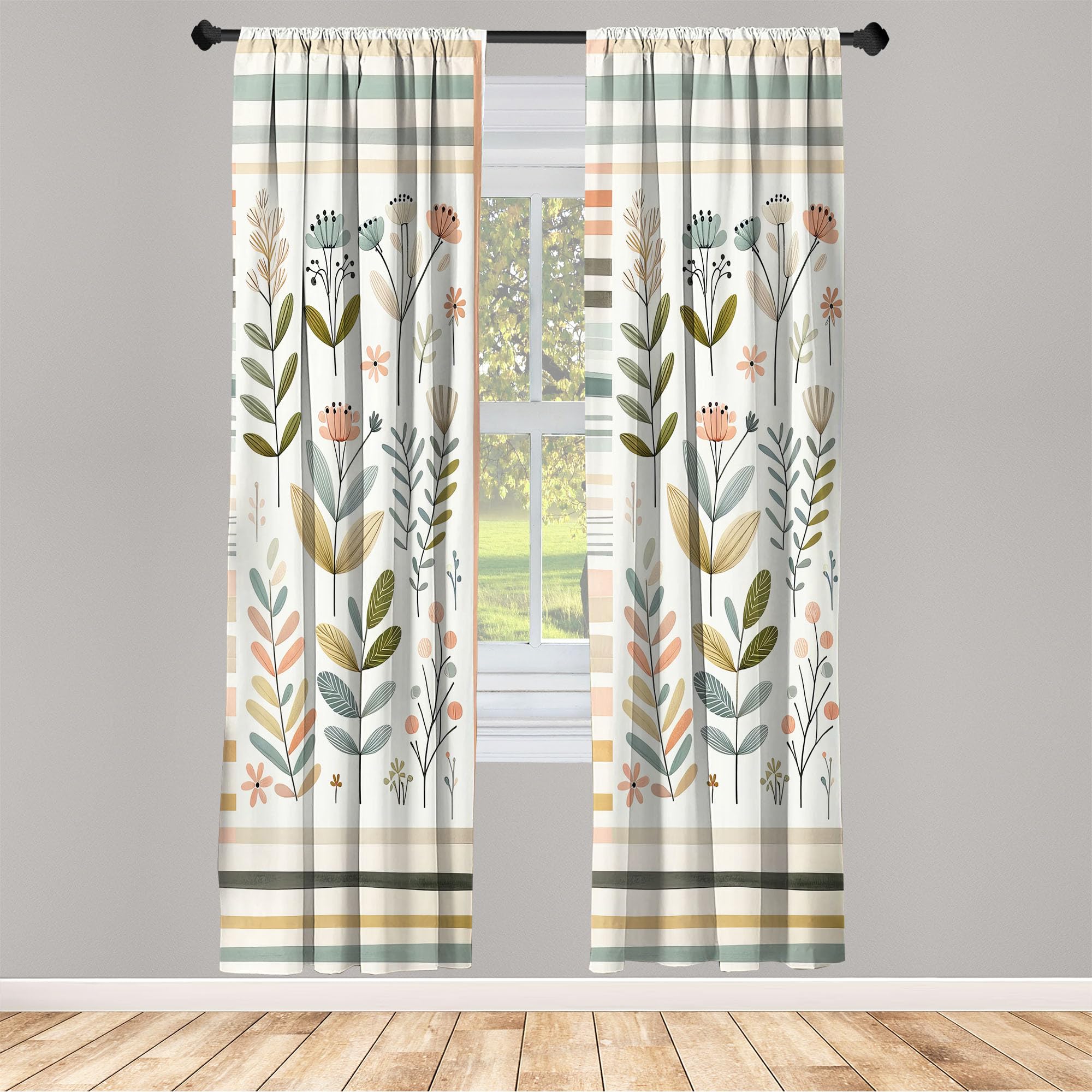 Ambesonne Leafy Art Curtains, Modern Scandi Leaves And Minimalist Flowers With Stripes Pastel Tone, Window Treatments 2 Panel Se