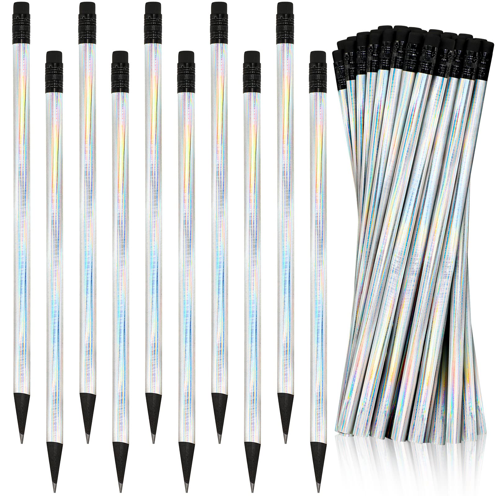 Tinlade 36 Pack Black Wood Cased 2 Hb Pencils Soft Cool Pencils Holographic Pencil With Eraser Holographic Barrel For Home Offic