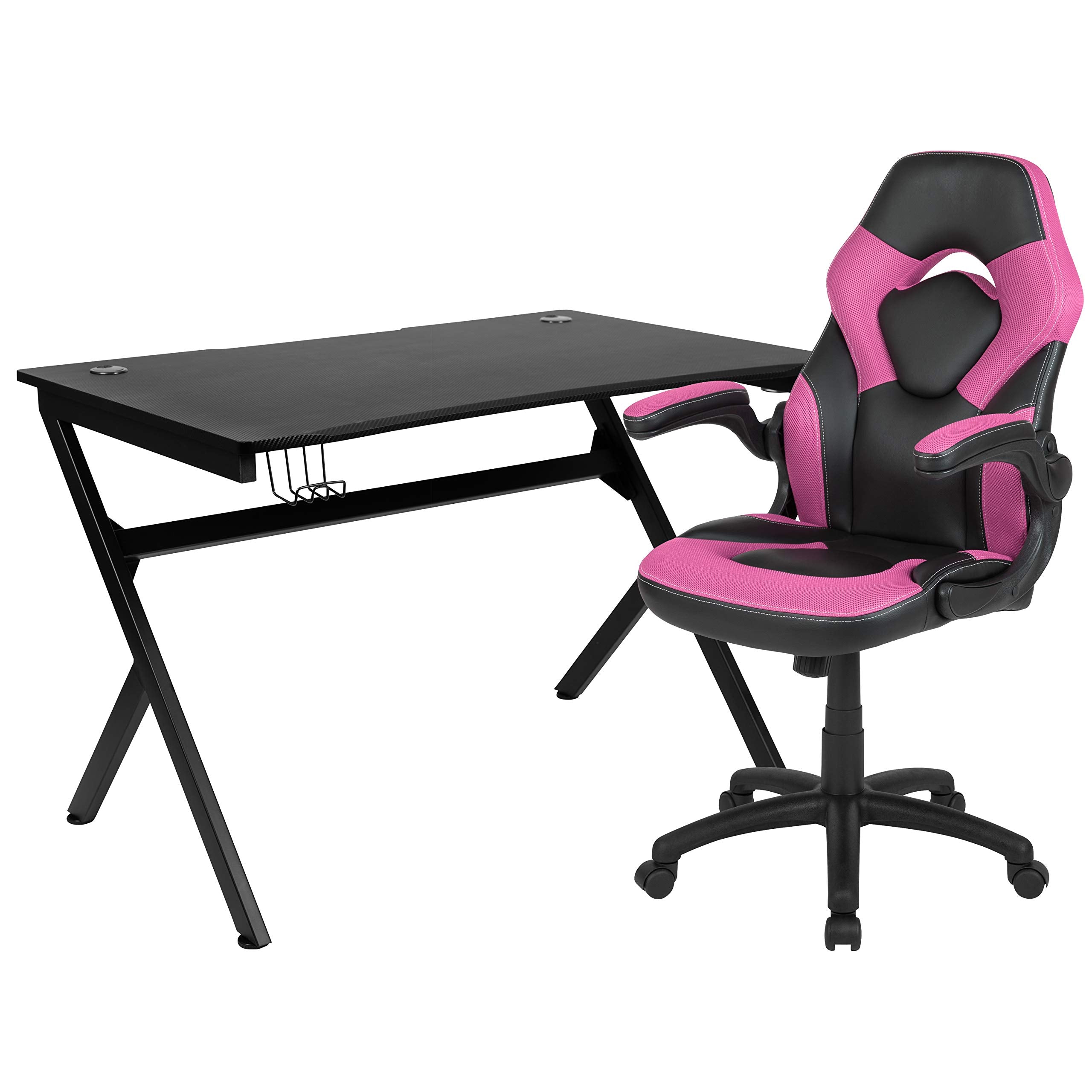 Flash Furniture Optis Black Gaming Desk and Pink/Black Racing Chair Set with Cup Holder, Headphone Hook & 2 Wire Management Holes