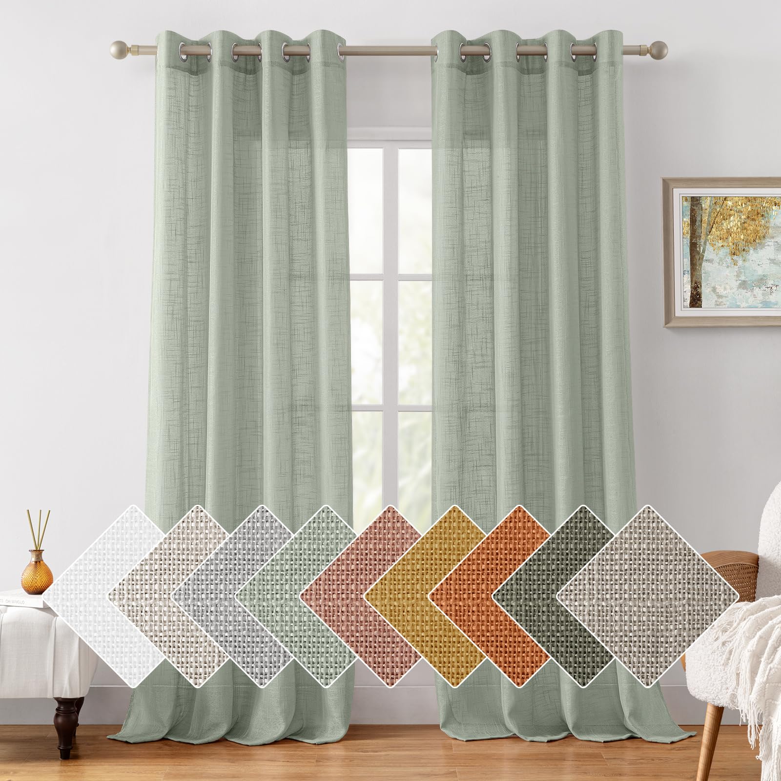 Homeideas Sage Green Linen Sheer Curtains 96 Inches Long 2 Panels Textured Semi Sheer Curtains Farmhouse Curtains Sheer Privacy