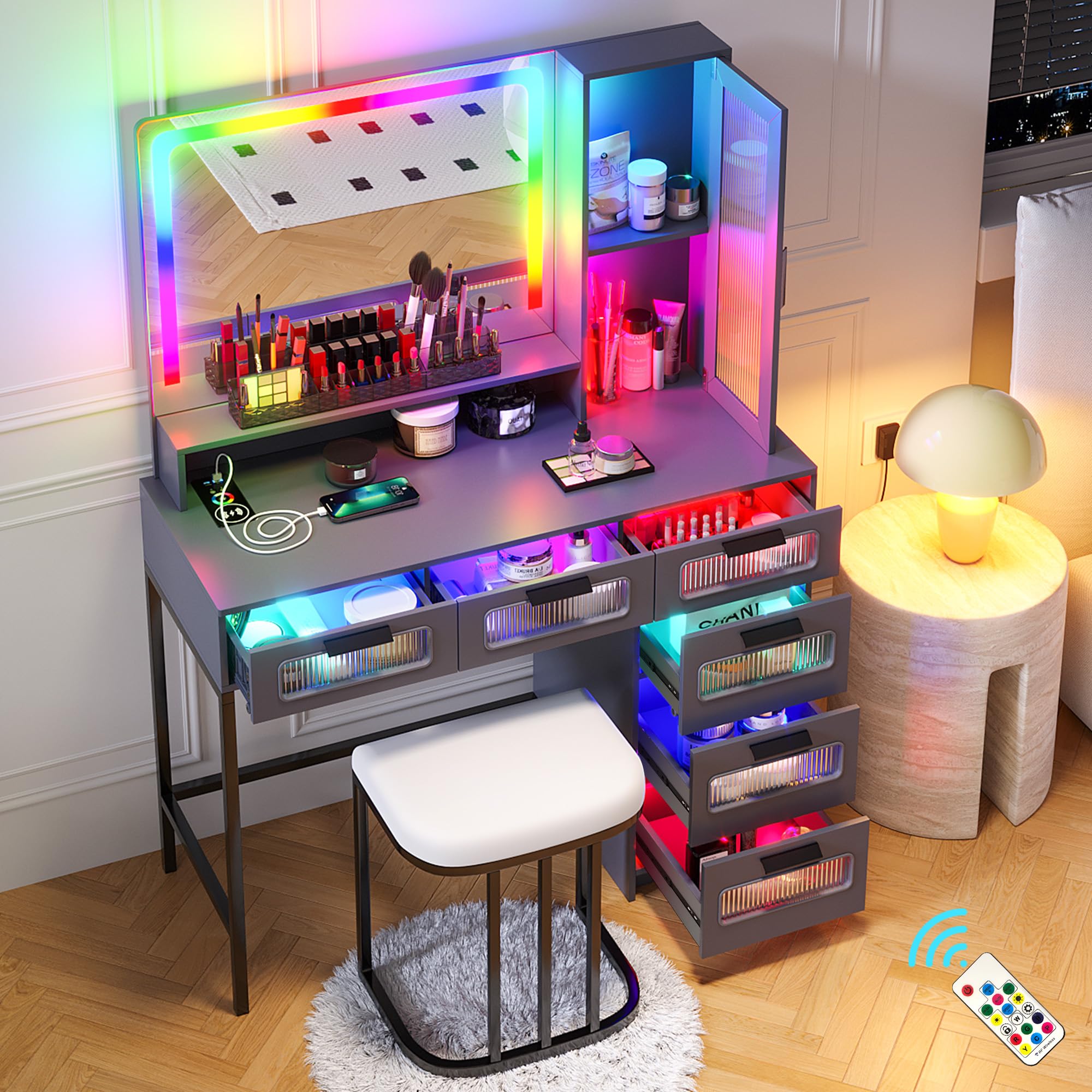 HNEBC RGB Vanity Desk with Mirror and Lights, LED Vanity Makeup Desk with USB/Wireless Charger Station, Vanities Dressing Table 