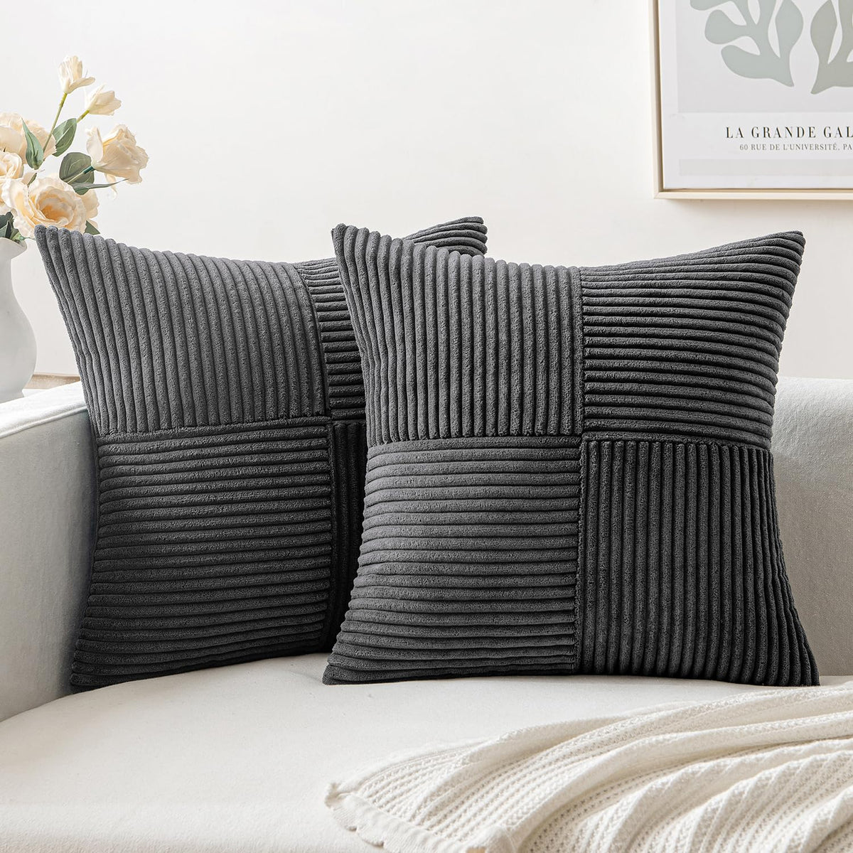 Miulee Grey Corduroy Pillow Covers Pack Of 2 Boho Decorative Spliced Throw Pillow Covers Soft Solid Couch Pillowcases Cross Patc