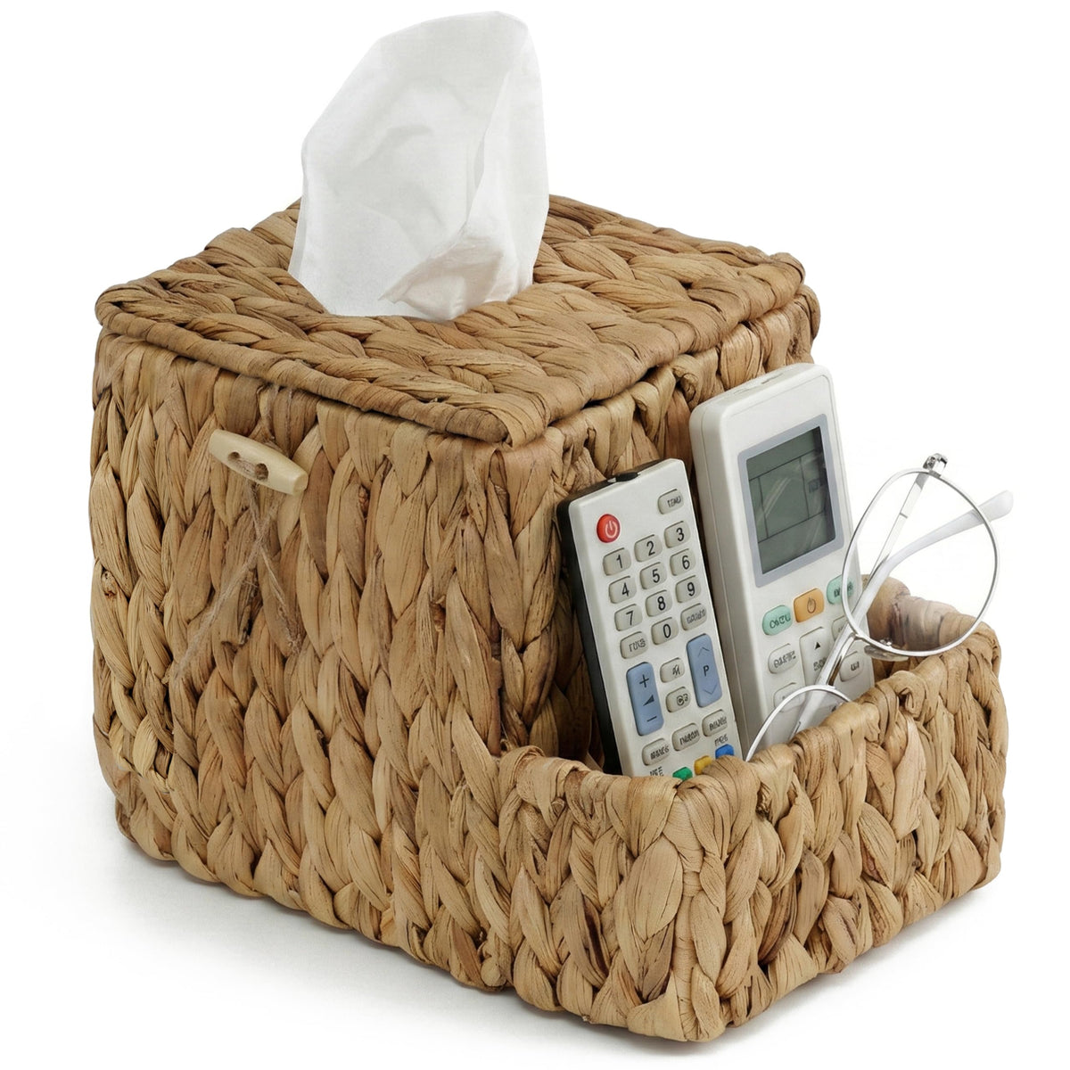 Demigo Water Hyacinth Tissue Box Cover with Side Organizer, Wicker Holder