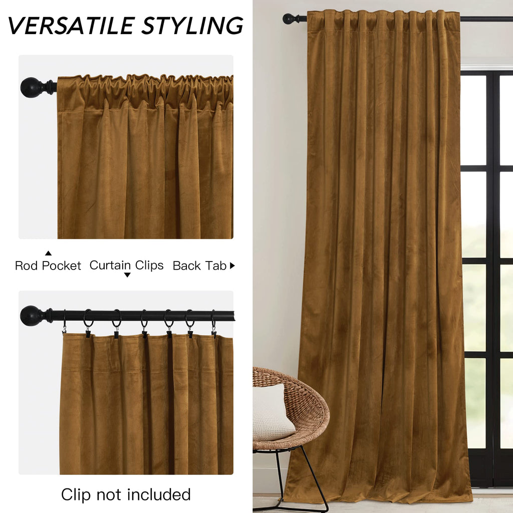 Ryb Home Brownish Gold Velvet Curtains 108 Inch, Retro Vintage Room Darkening Window Curtains For Living Room Drafts Block Privacy Shades For Bedroom Playroom Home Theater, W52 X L108 Inch, 2 Panels