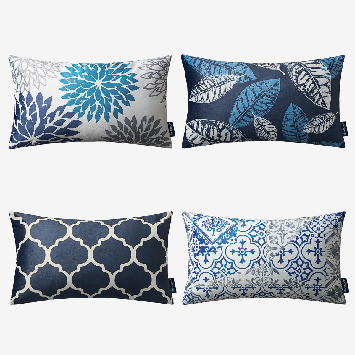 Phantoscope Set Of 4 New Living Series Leaf Geometric Throw Decorative Velvet Pillow Cover Cushion Cover, Dark Blue 12 X 20 Inches 30 X 50 Cm