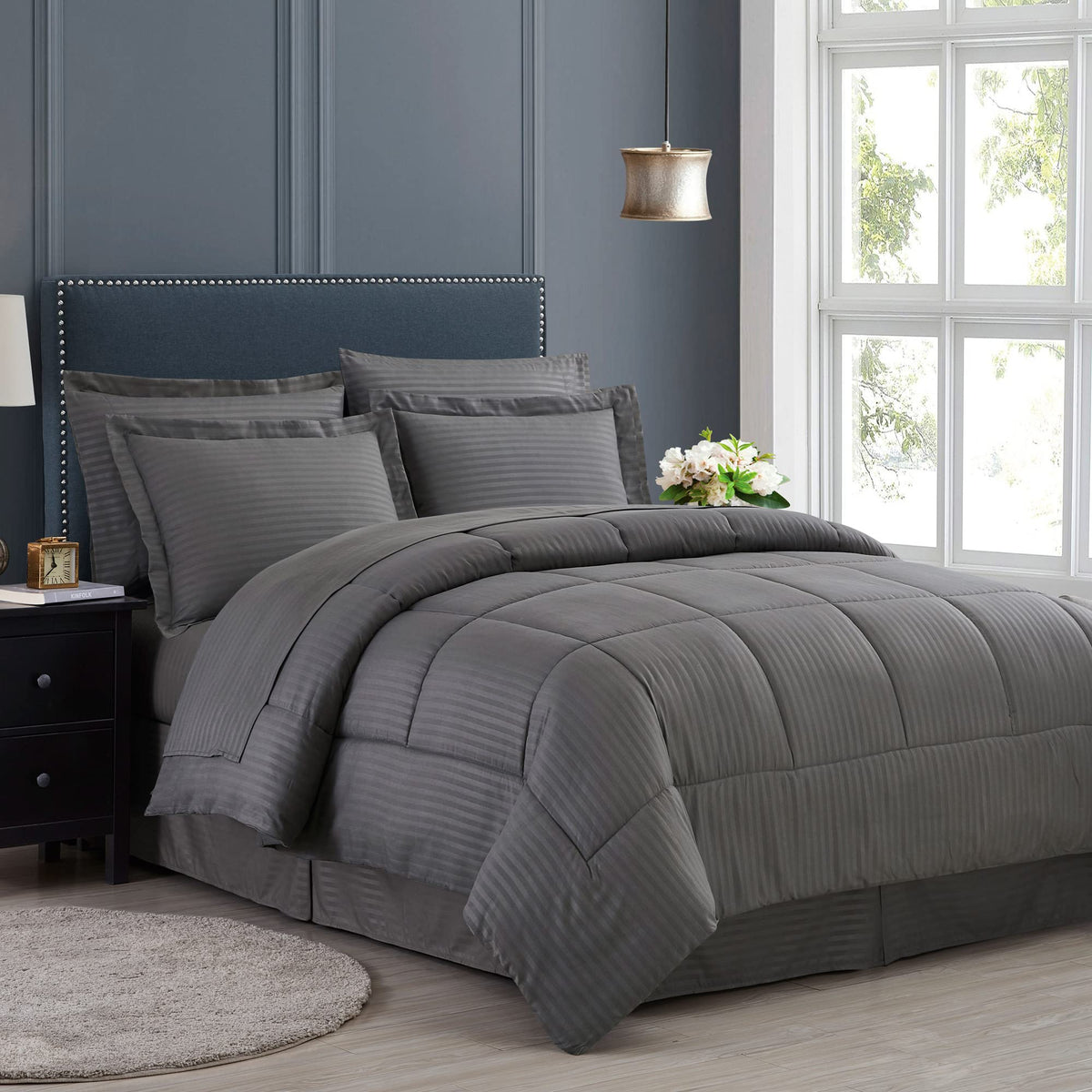 Queen Comforter Set 8 Piece Bed In A Bag With Bed Skirt, Fitted Sheet, Flat Sheet, 2 Pillowcases, 2 Pillow Shams, Queen, Dobby G