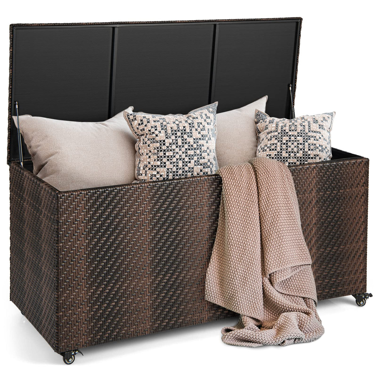 Giantex 96-Gallon Outdoor Storage Box - Pe Wicker Deck Box With Lid, 4 Wheels, Waterproof Liner, Outside Rattan Storage Containe
