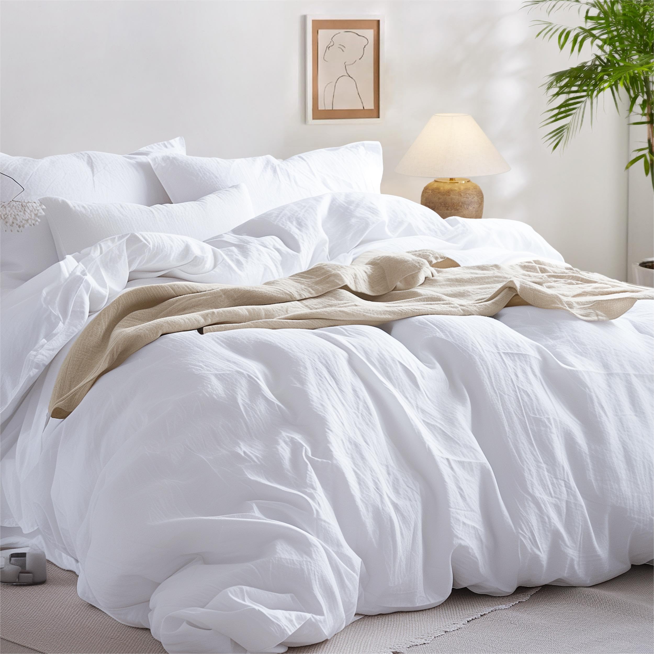 Bedsure 100% Washed Cotton Duvet Cover King - Bright White Minimalist Duvet Cover Linen Like - 3 Pieces Plain Simple Cotton Duvet Cover Set With 2 Pillow Shams (Bright White, King, 104'X90')