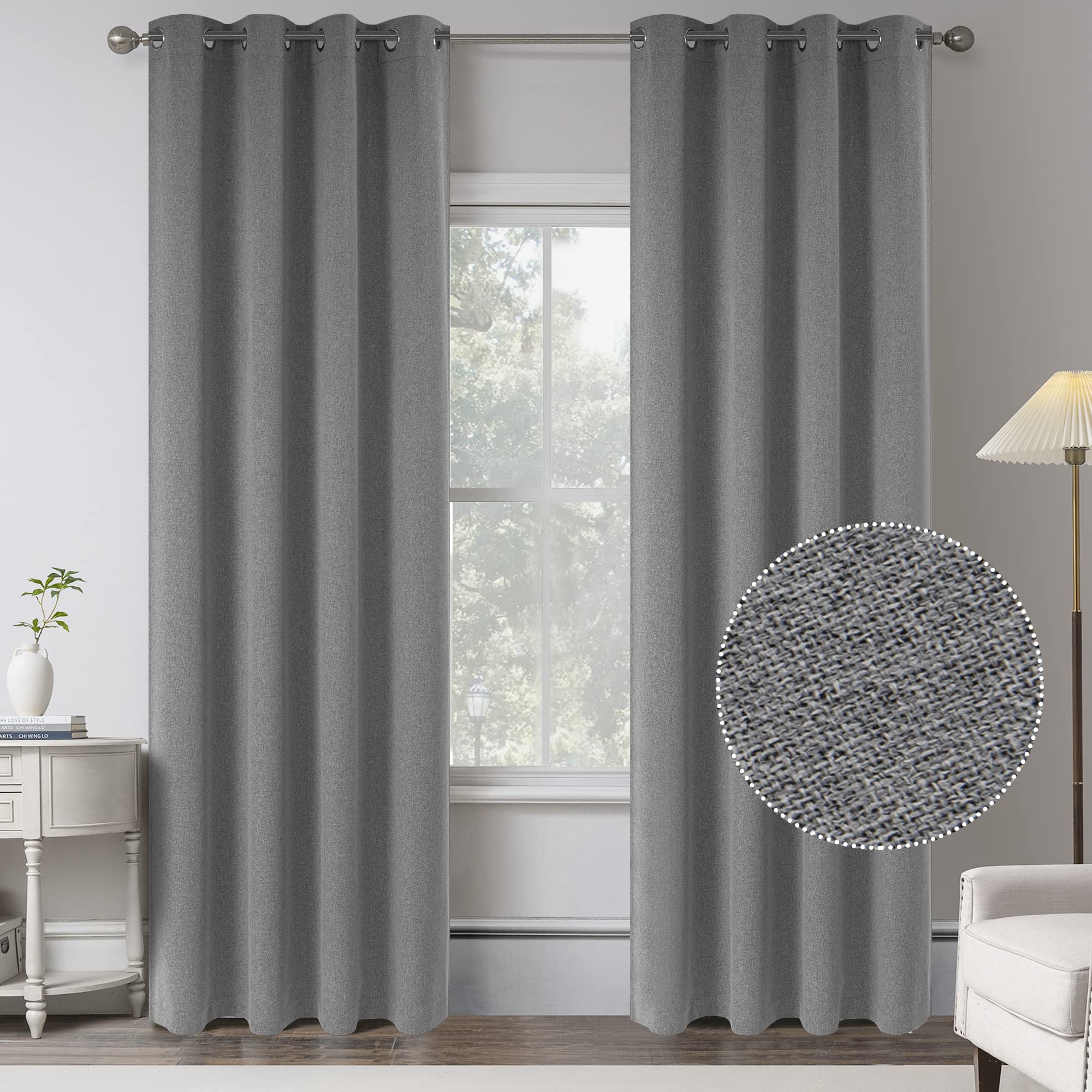 95 Inches Long Dove Grey Linen 100% Blackout Curtains For Bedroom - Burlap Energy Saving Thermal Insulated Window Treatment Curt