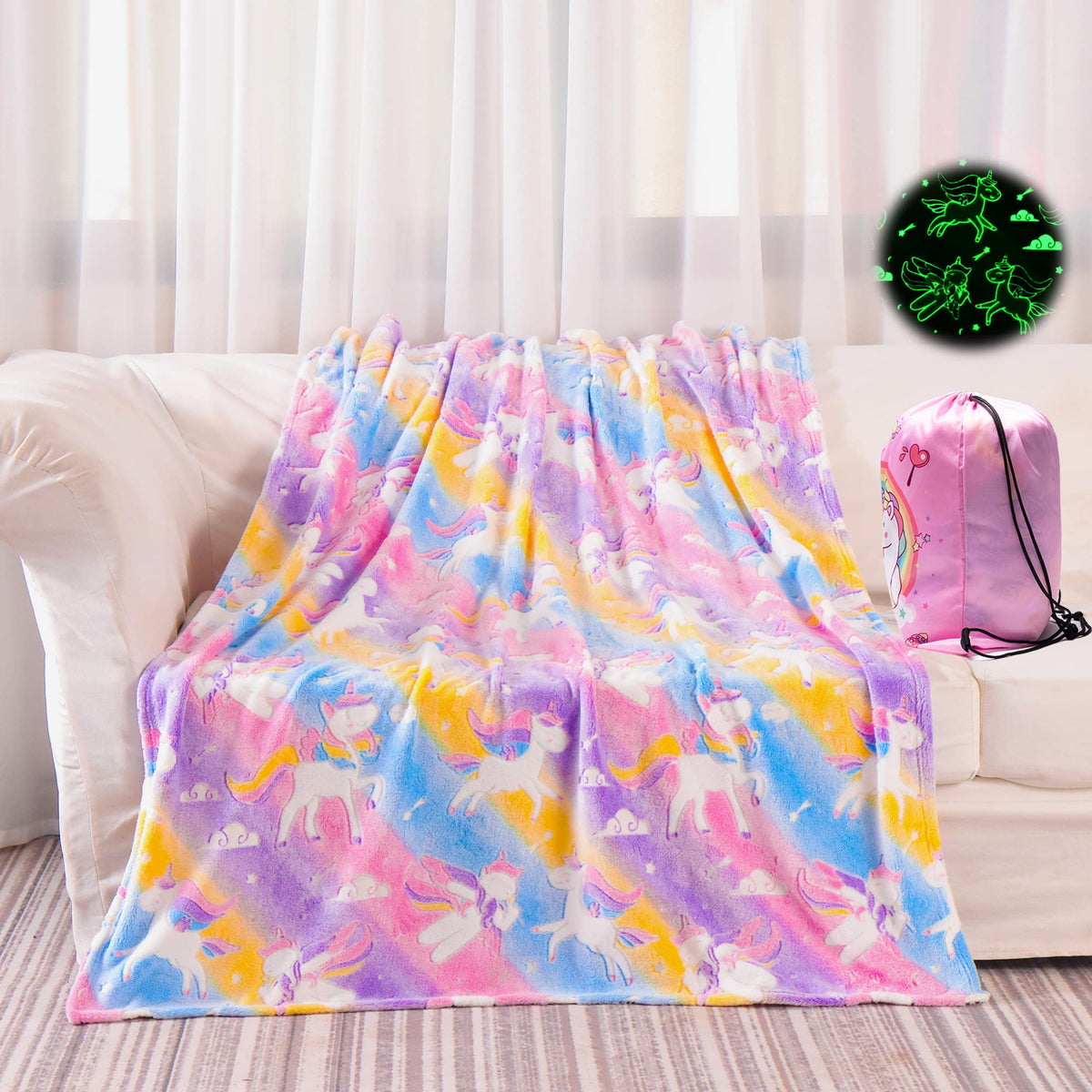 Yjlmly Glow In The Dark Unicorn Blanket, Unicorn Gifts Toys For Girls, Soft Pink Girls Blanket For 2 3 4 5 6 7 8 9 10 Year Old G