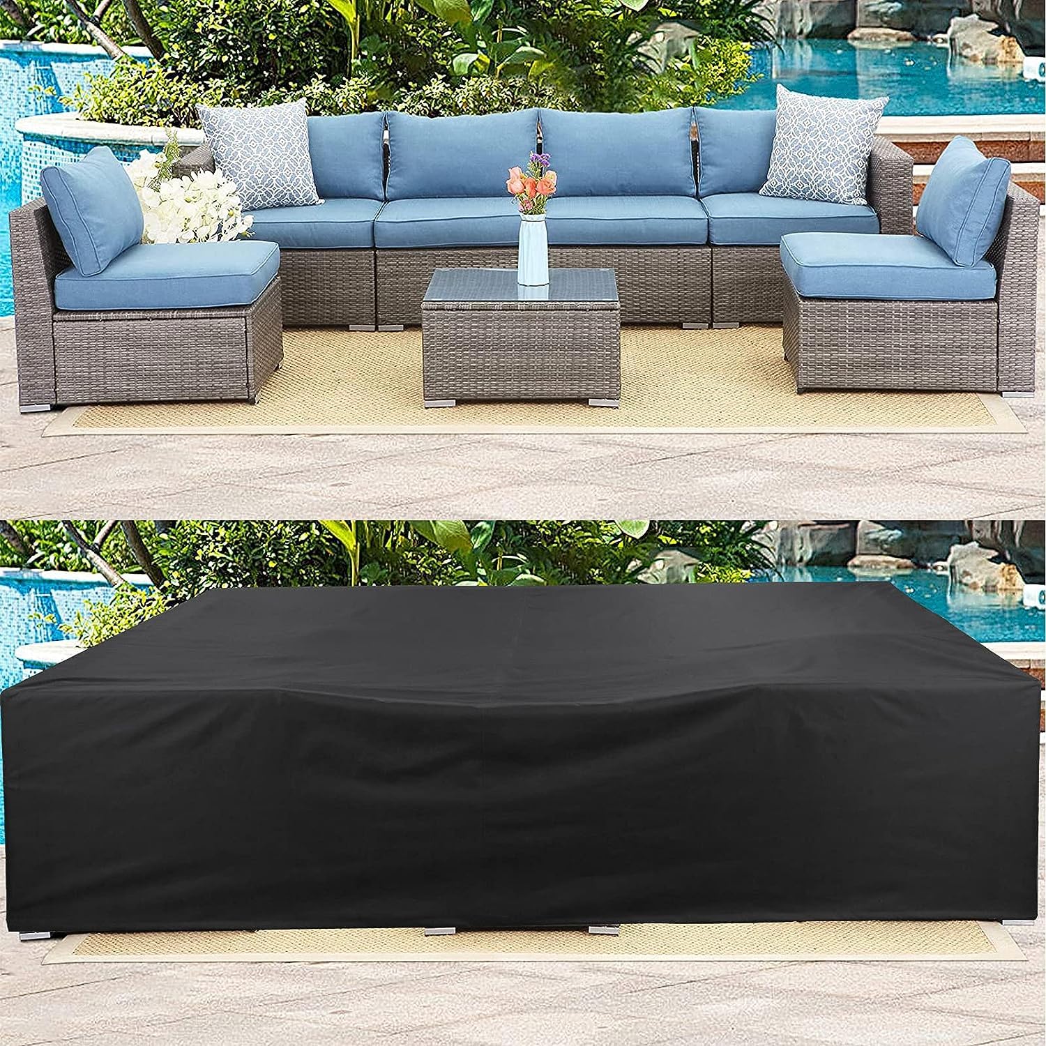 Akefit Patio Furniture Covers,500D Heavy Duty Waterproof For Outdoor Square And Retangle Patio Table And Chair Covers,Black-110'L X 84'W X 28'H