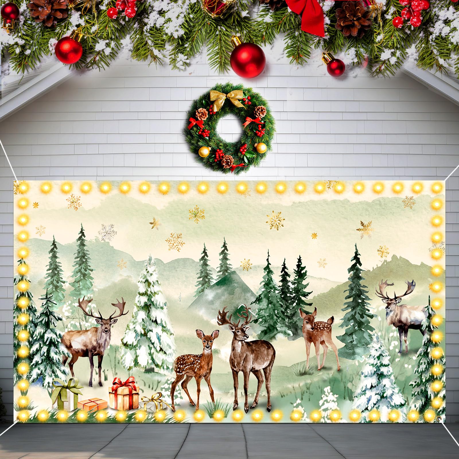 Fuweave Winter Deer Trees Garage Door Banner Cover With Led String Light Battery Box Outdoor Large Rustic Woodland Garage Decors