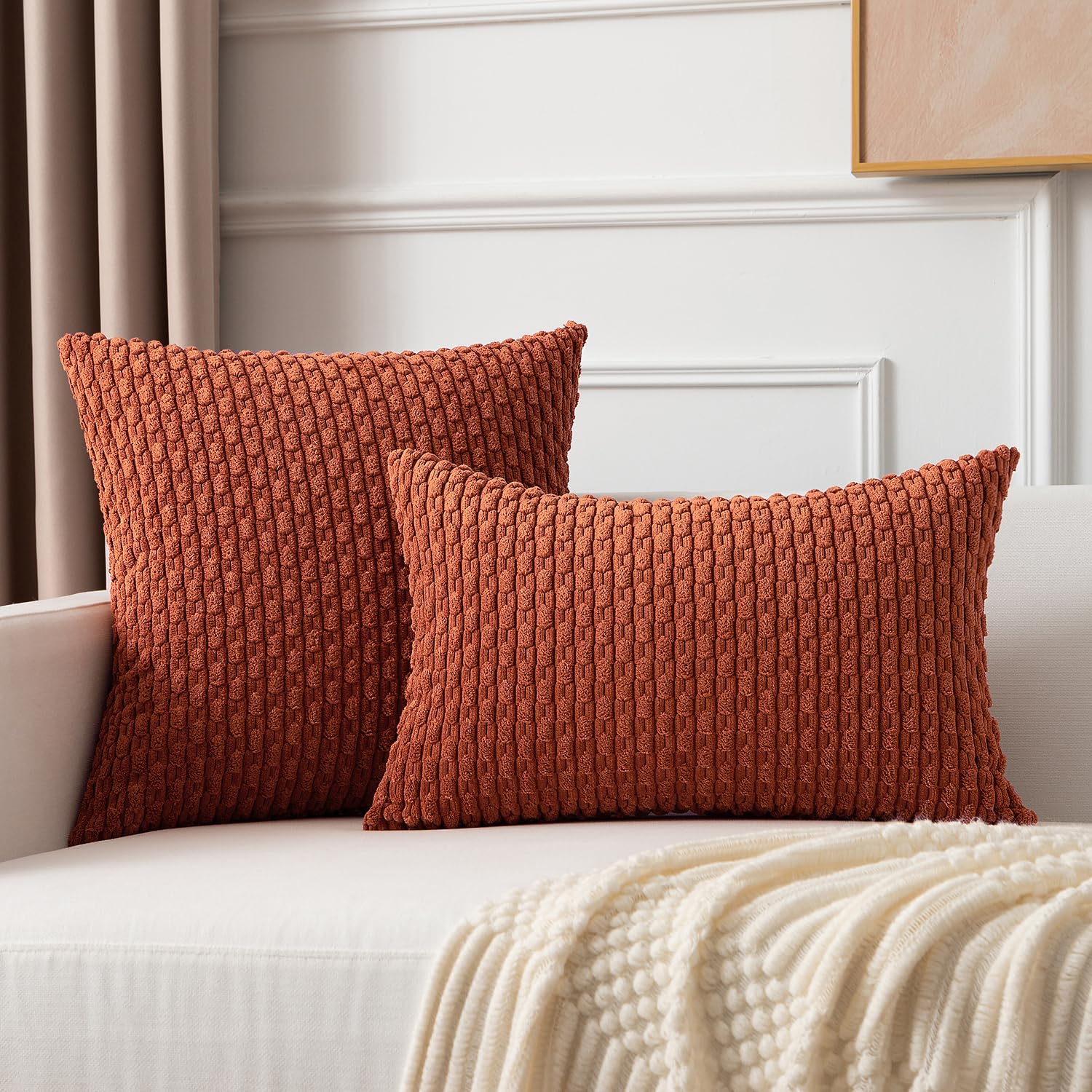 Kevin Textile Pack Of 2 Corduroy Decorative Throw Pillow Covers 12X20 Inch Soft Boho Striped Pillow Covers Modern Farmhouse Home Decor For Spring Sofa Living Room Couch Bed Rust