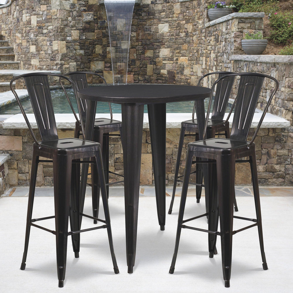 Flash Furniture Callum Commercial Grade 30" Round Red Metal Indoor-Outdoor Bar Table Set With 4 Cafe Stools