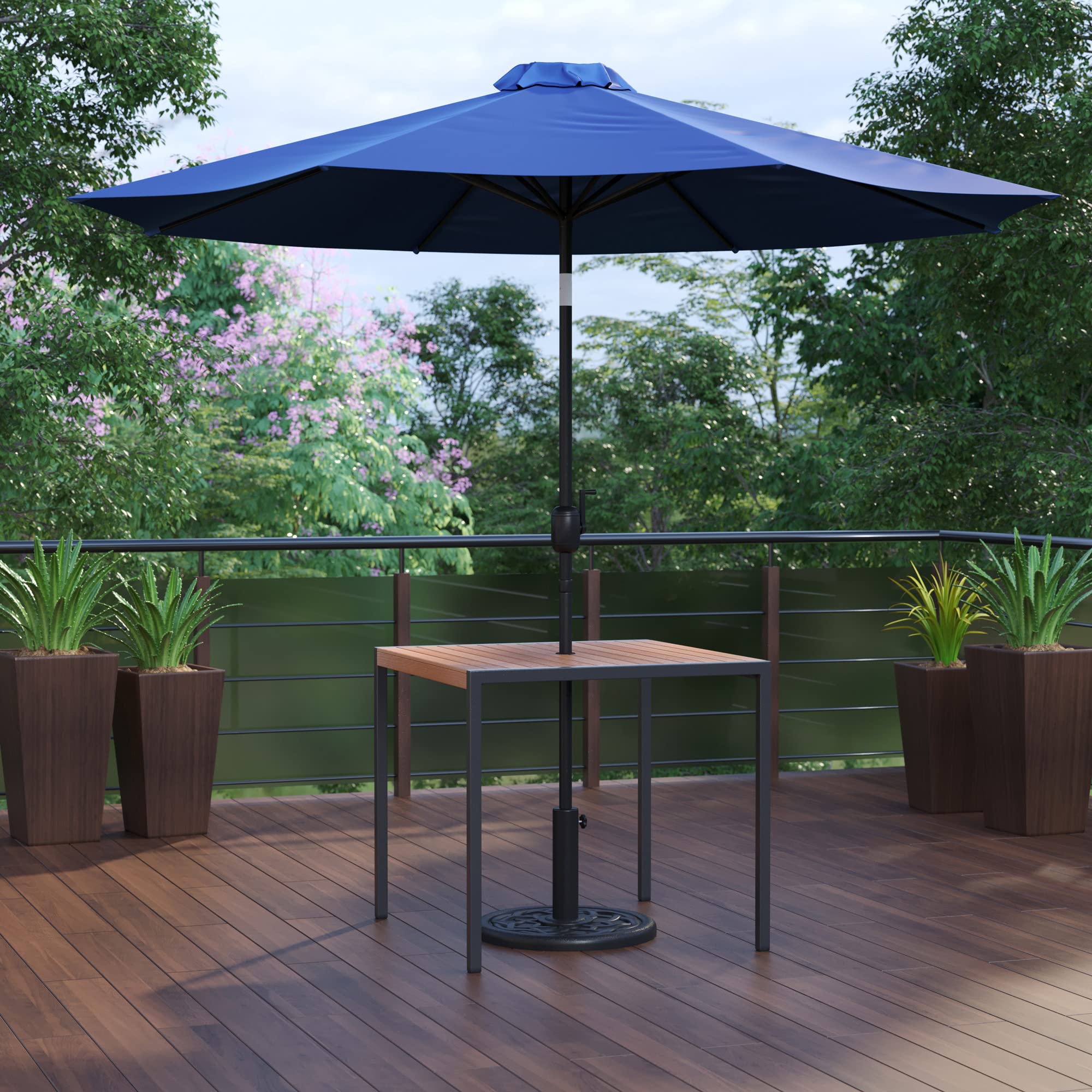 Flash Furniture Lark 3 Piece Outdoor Patio Table Set - Natural Faux Teak Dining Table - 35&quot; Square Synthetic Teak Table with Umbrella Hole - Navy Umbrella with Base
