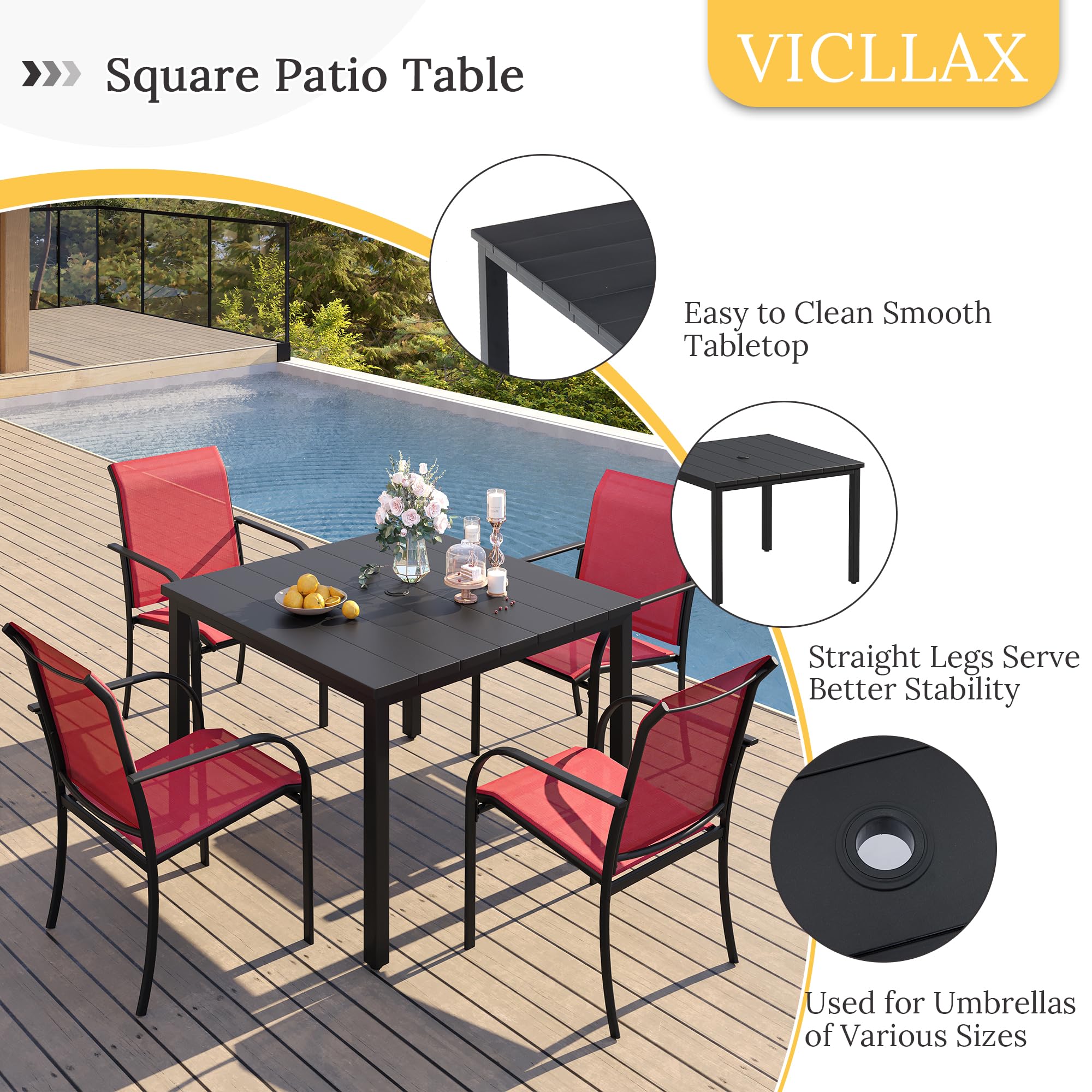 Vicllax 40.2' Square Patio Dining Table For 4, Outdoor Table With Umbrella Hole, All Weather Metal Patio Table For Lawn Garden, Walnut Wood-Like Tabletop