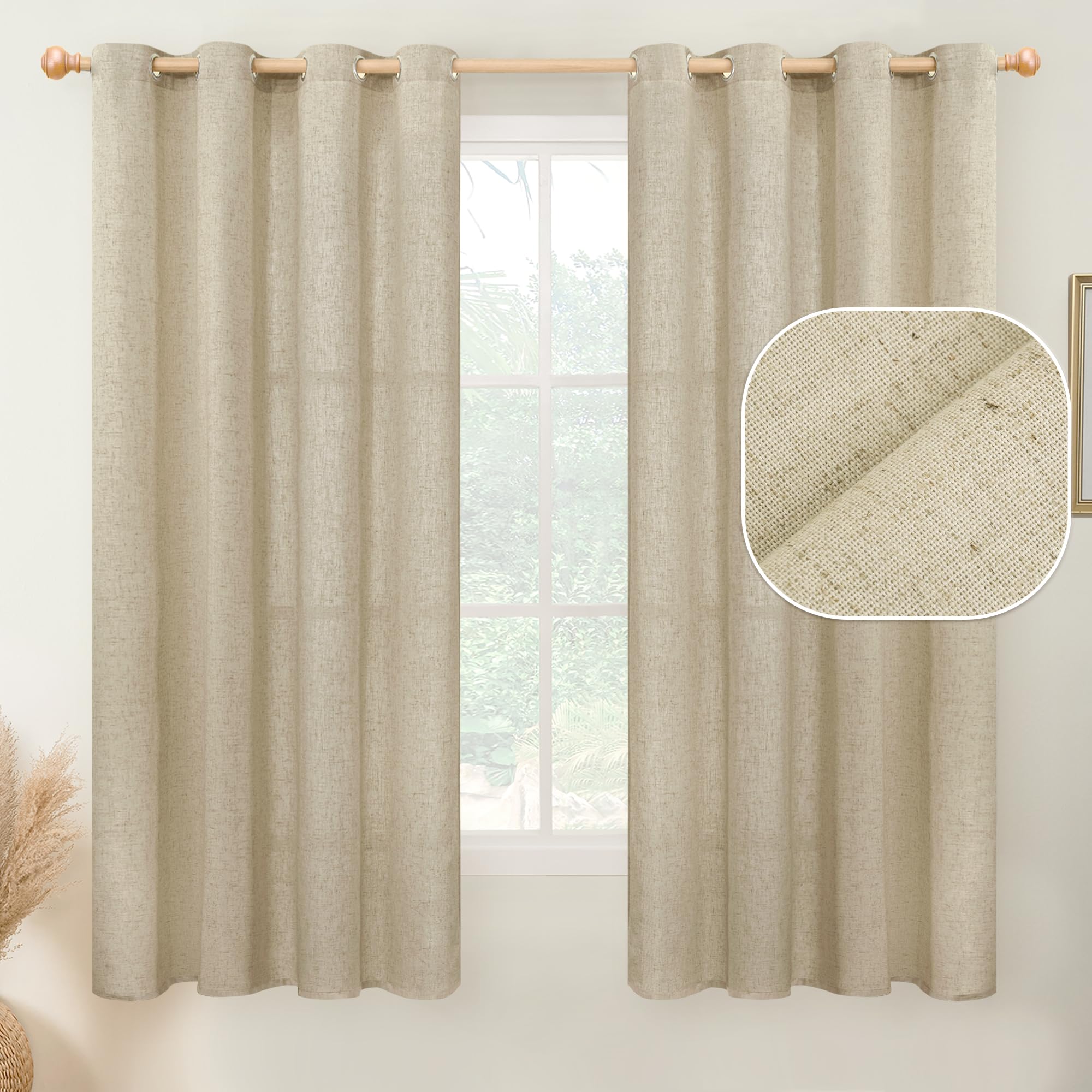 Youngstex Burlap Linen Curtains 63 Inch Length 2 Panels Light Filtering Grommet Privacy Window Drapes For Living Room Bedroom Of