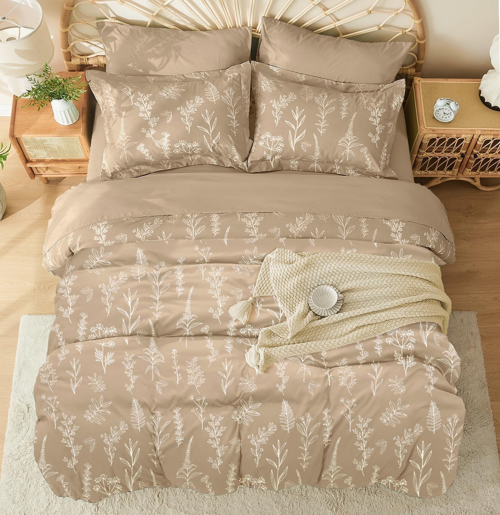 Muxhomo Beige Full Comforter Set, Elegant Floral Print Bed In A Bag 7 Pieces, Ultra Soft & Breathable Reversible Botanical Patte