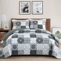 Dobuyly Grey Black Quilt Set Queen Size, Boho Plaid Patchwork Bedspreads Coverlet Set, 3 Pieces Soft Lightweight Microfiber Farm