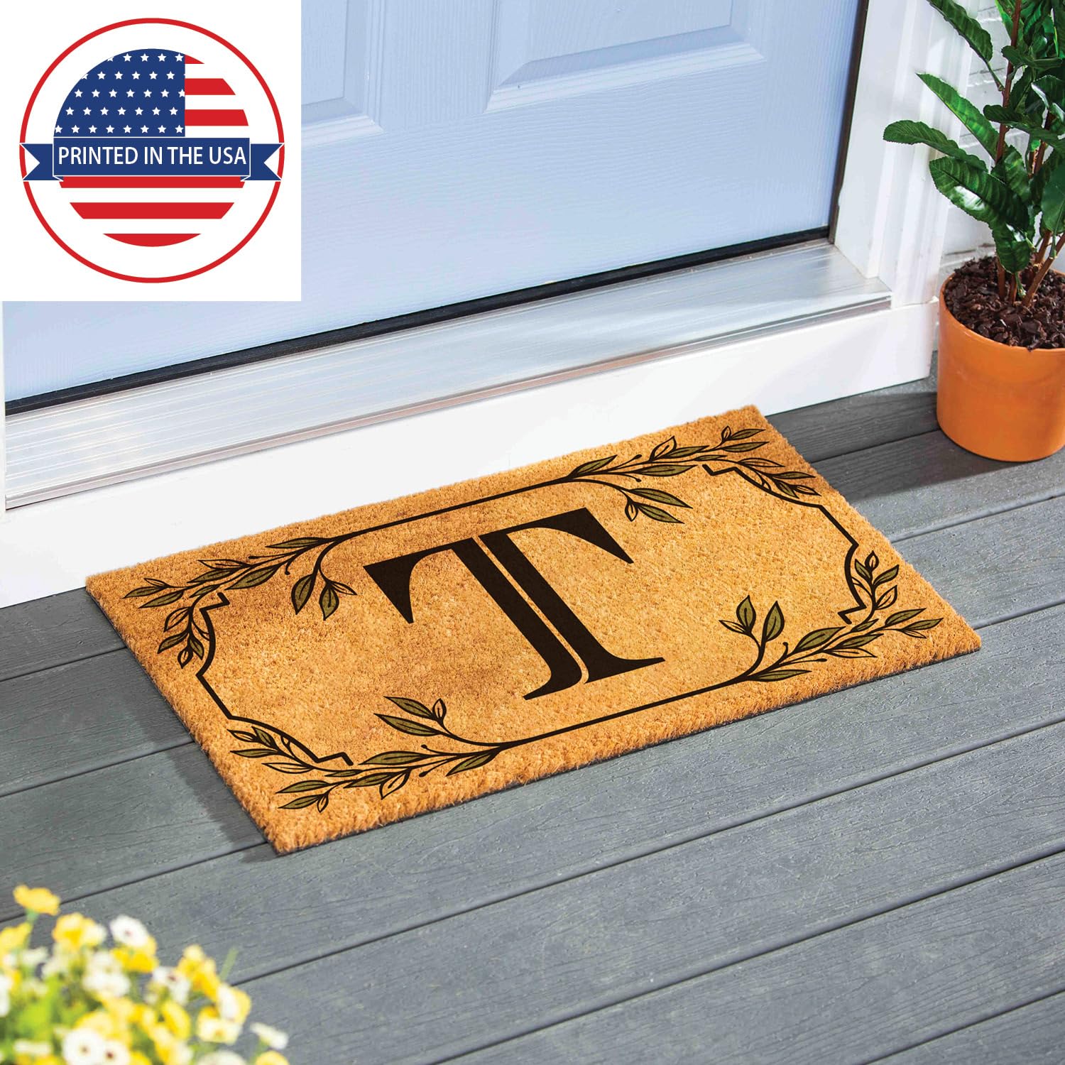 Evergreen Monogram Coir Doormat | Letter T | Front Door Mat For Outdoor Indoor Entrance | 28X16 Inches | Non-Slip Backing Doorwa