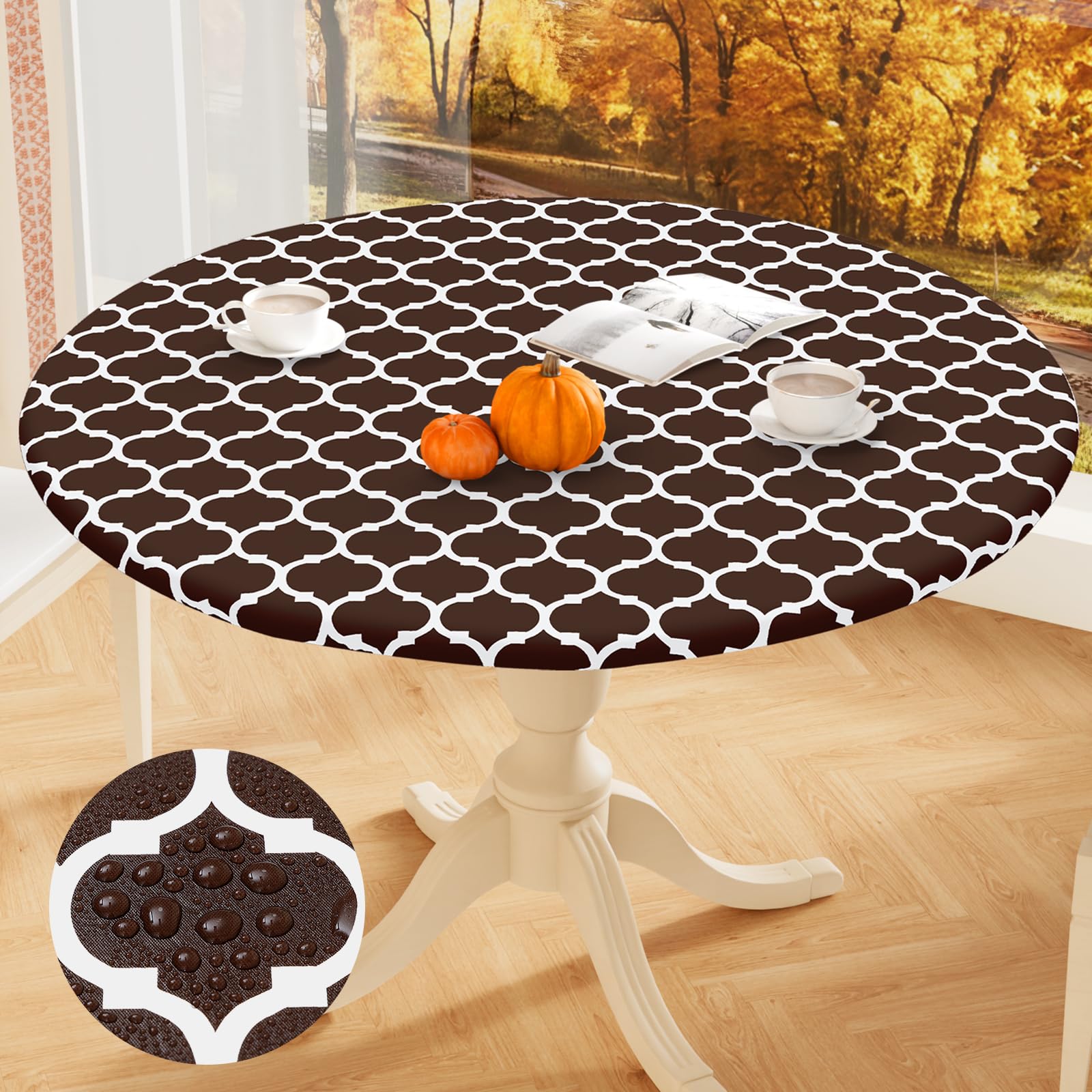 Smiry Round Picnic Tablecloth, Waterproof Elastic Fitted Table Covers For 57' - 68' Tables, Wipeable Flannel Backed Vinyl Tablecloths For Camping, Indoor, Outdoor, Coffee & White