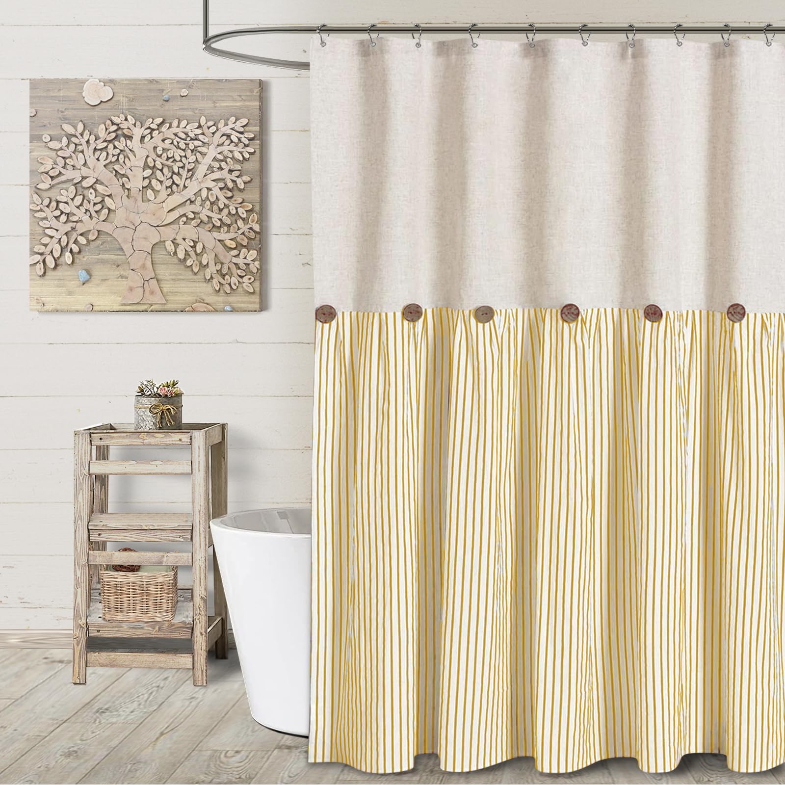 Awellife Linen Button Farmhouse Beige Shower Curtain,Linen And Cotton Woven Fabric,Pleated Yellow Stripe,Country Style (72' L X
