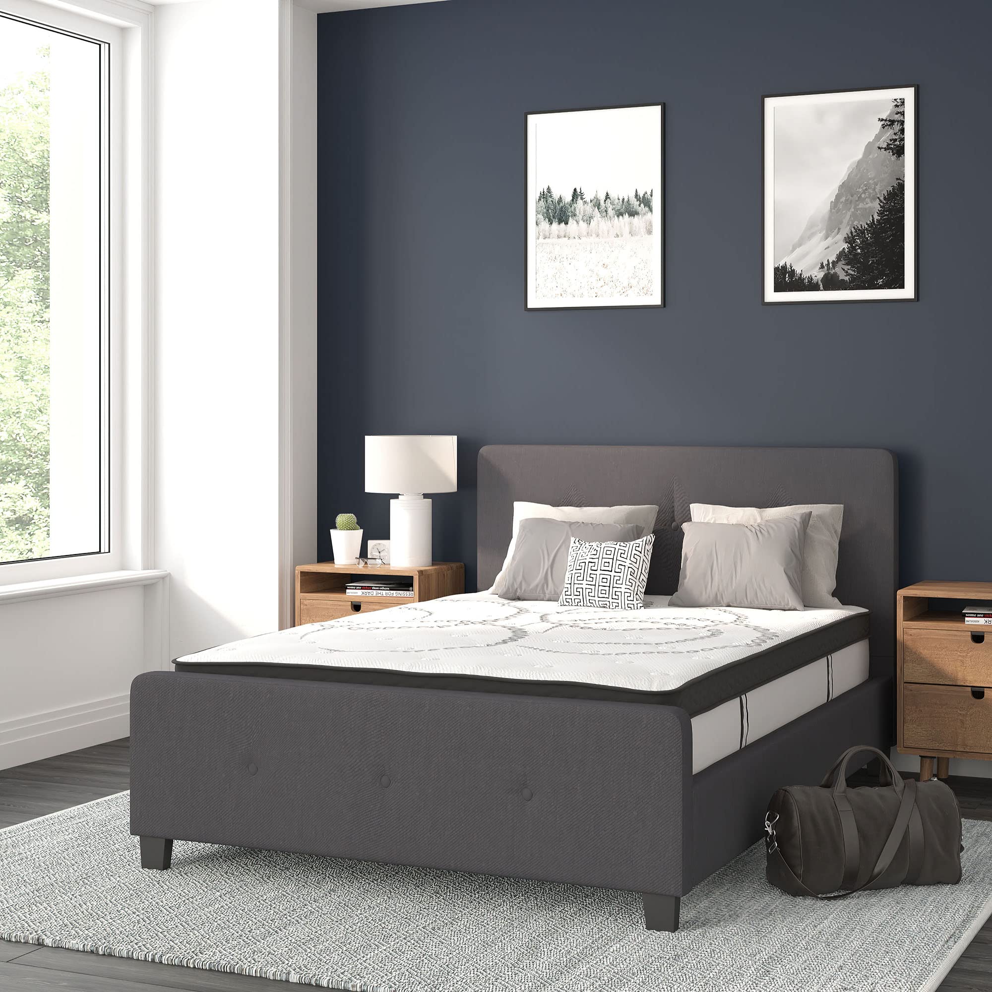 Flash Furniture Tribeca Full Size Tufted Upholstered Platform Bed In Dark Gray Fabric With 10 Inch Certipur-Us Certified Pocket Spring Mattress
