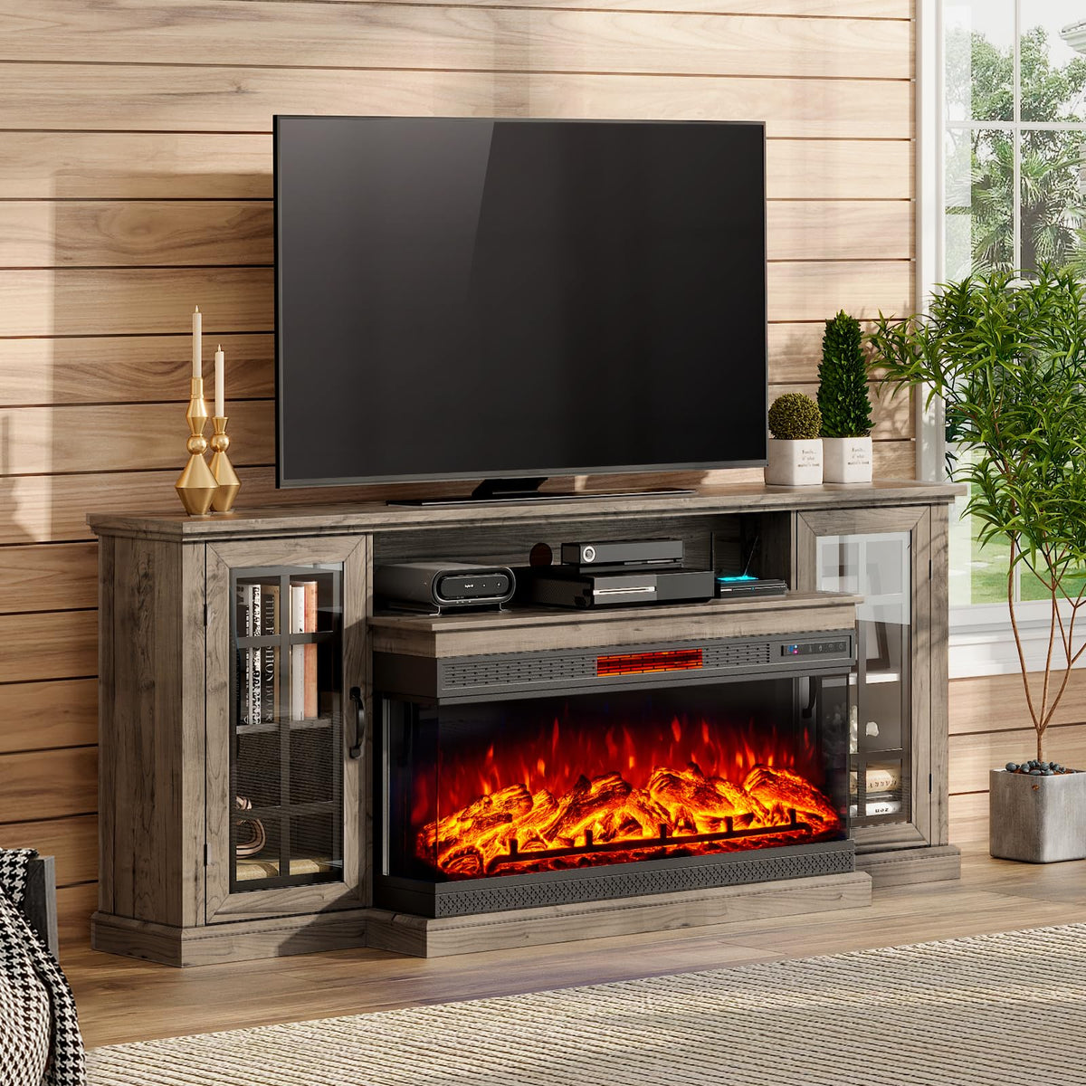 AMERLIFE 75in 3-Sided Glass Fireplace TV Stand for TVs up to 85'', Rustic Media Entertainment Center Console Table with Glass Do