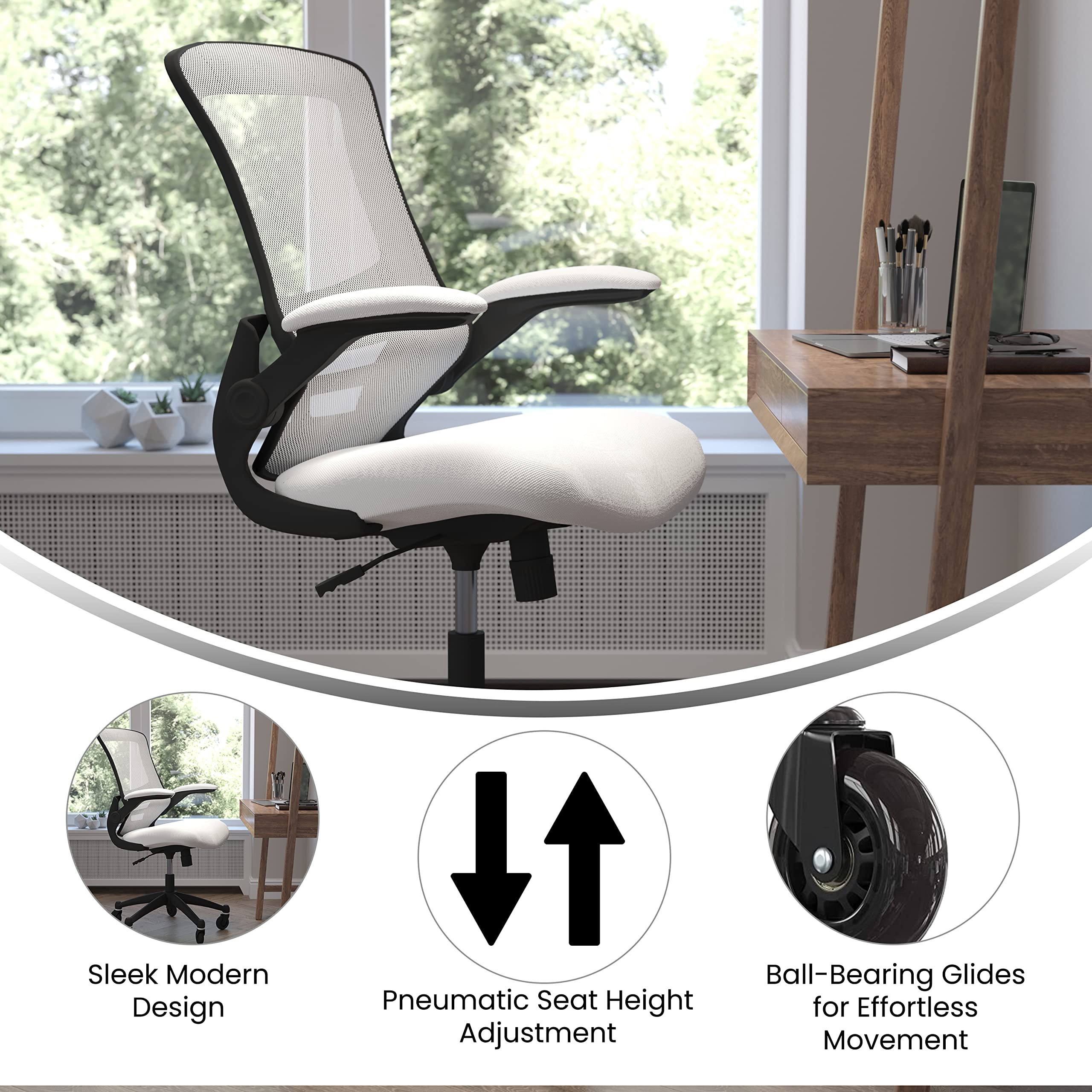 Flash Furniture Kelista Mid-Back White Mesh Swivel Ergonomic Task Office Chair With Flip-Up Arms And Transparent Roller Wheels