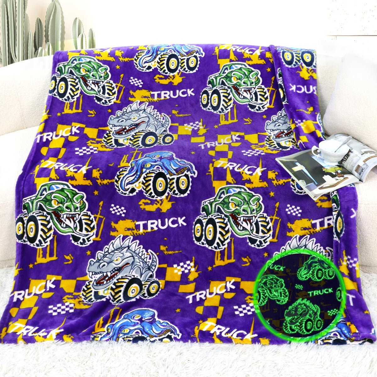 Glow In The Dark Blanket For Boys Truck Car Blanket Gifts For Kids Glowing Tractor Throw Blanket Soft Fleece Blanket For Bed Sof