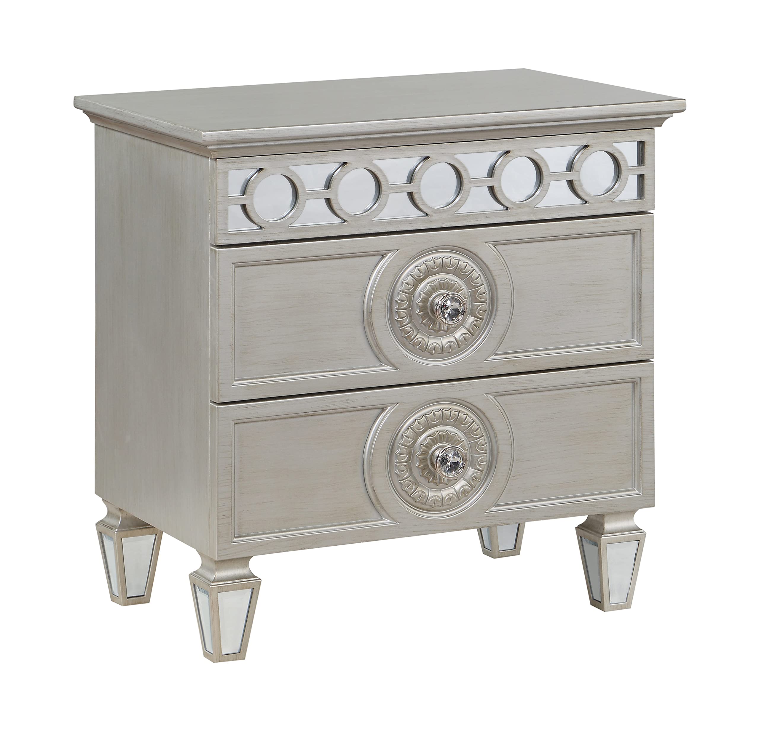 Acme Varian 2 Drawers Wooden Nightstand with Mirror Inlay in Silver