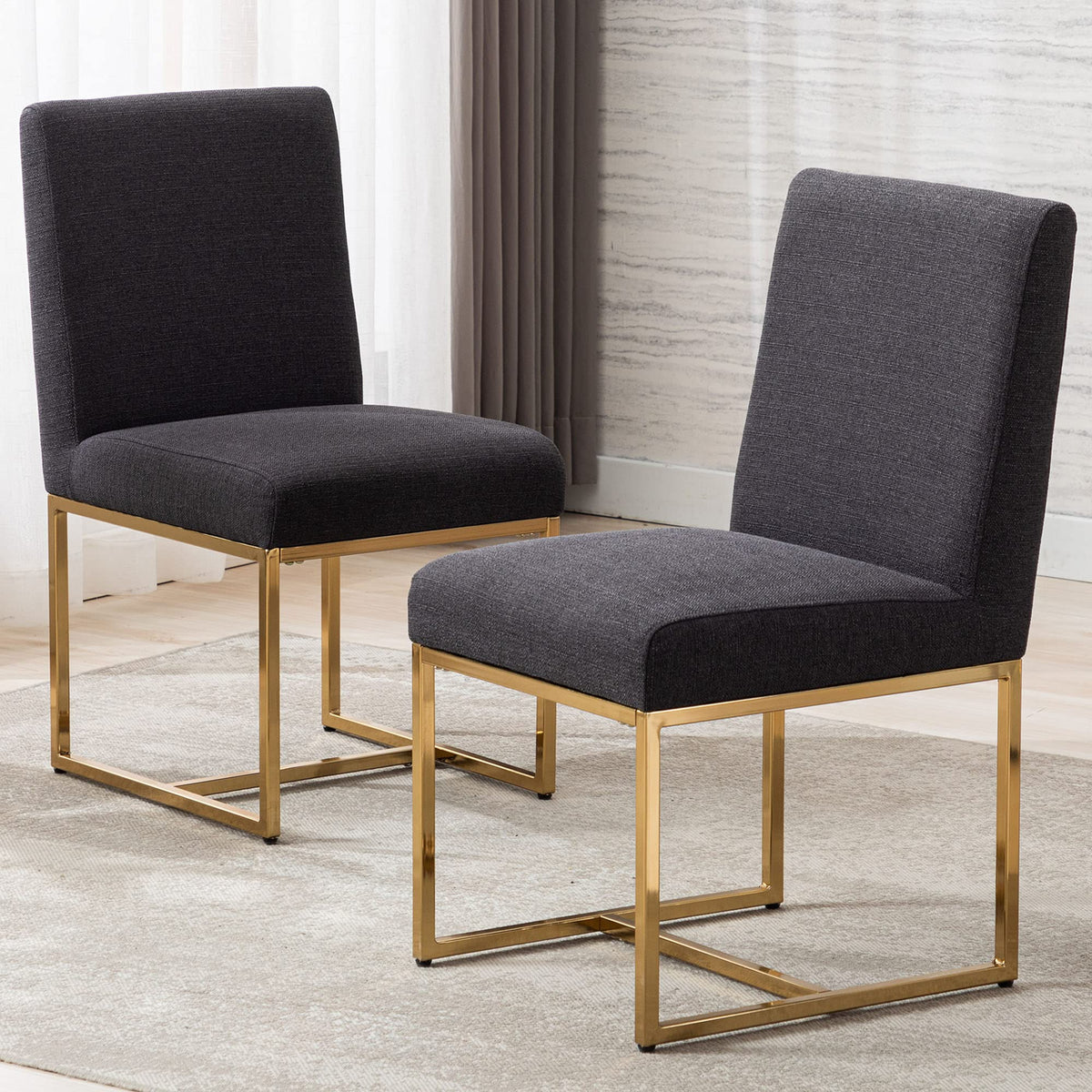 Vescasa Linen Upholstered Dining Chairs Set Of 2, Mid Century Modern Padded Chair With Gold Metal Frame For Restaurant, Dining R