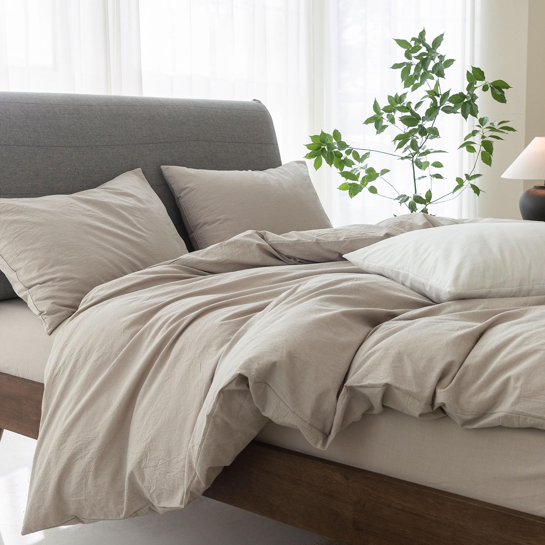 Elimmo Bedding Duvet Cover Set Linen Like Texture 100% Cotton 3 Pieces With Zipper Closure Super Soft Cozy Breathable Natural Dr