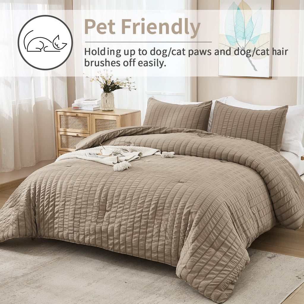 Avelom Taupe Seersucker Queen Comforter Set (90X90 Inches), 3 Pieces-100% Soft Washed Microfiber Lightweight Comforter With 2 Pillowcases, All Season Down Alternative Comforter Set For Bedding