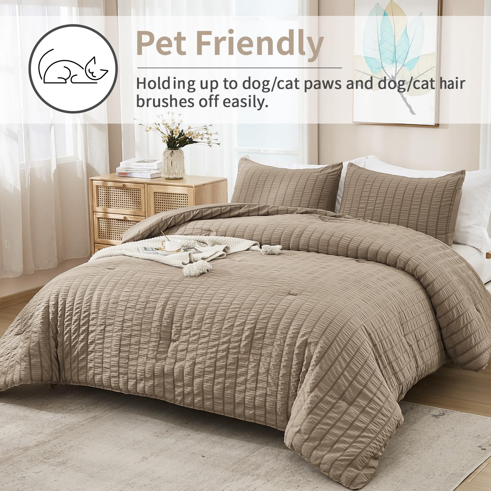 Avelom Taupe Seersucker Queen Comforter Set (90X90 Inches), 3 Pieces-100% Soft Washed Microfiber Lightweight Comforter With 2 Pillowcases, All Season Down Alternative Comforter Set For Bedding