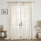 Beige Sheer Curtains 84 Inches Long For Living Room Rod Pocket Back Tab Semi Sheer Curtain Geometric Embroidered Tuft Pom Textur