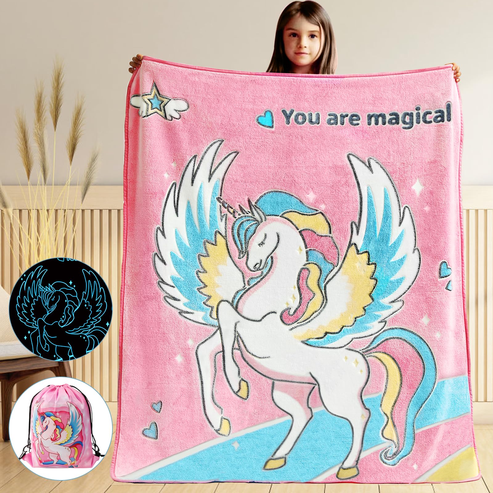 Glow in The Dark Blanket Unicorn Gifts for Girls Kids Blankets Super Soft 3 4 5 6 7 8 9 10 Year Old Girl Gift Ideas Girls Toys A