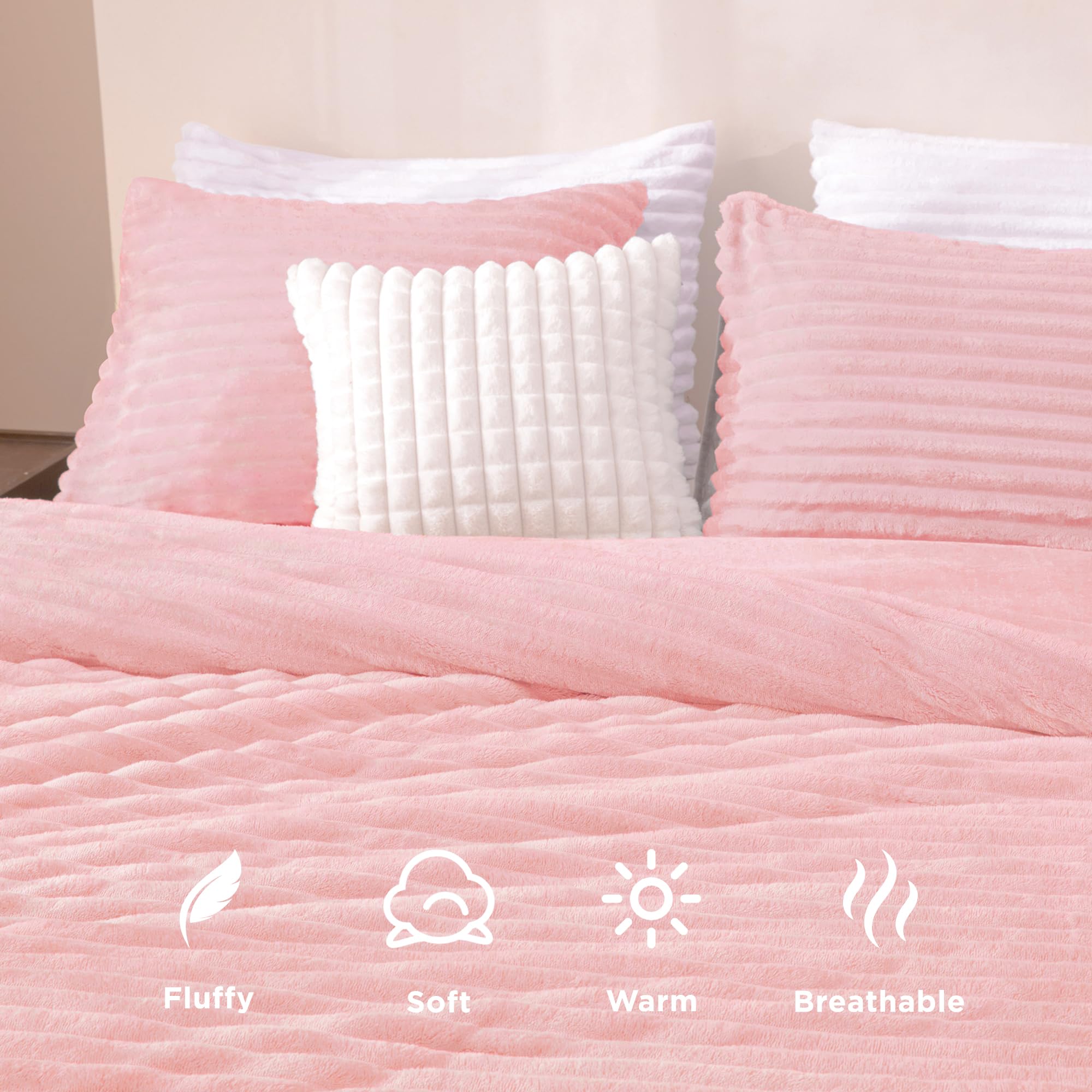 Andency Pink Comforter Set Queen, 3 Pieces Fleece Comforter Set For Queen Size Bed, Soft Warm Fluffy Fuzzy Luxury Plush Bedding