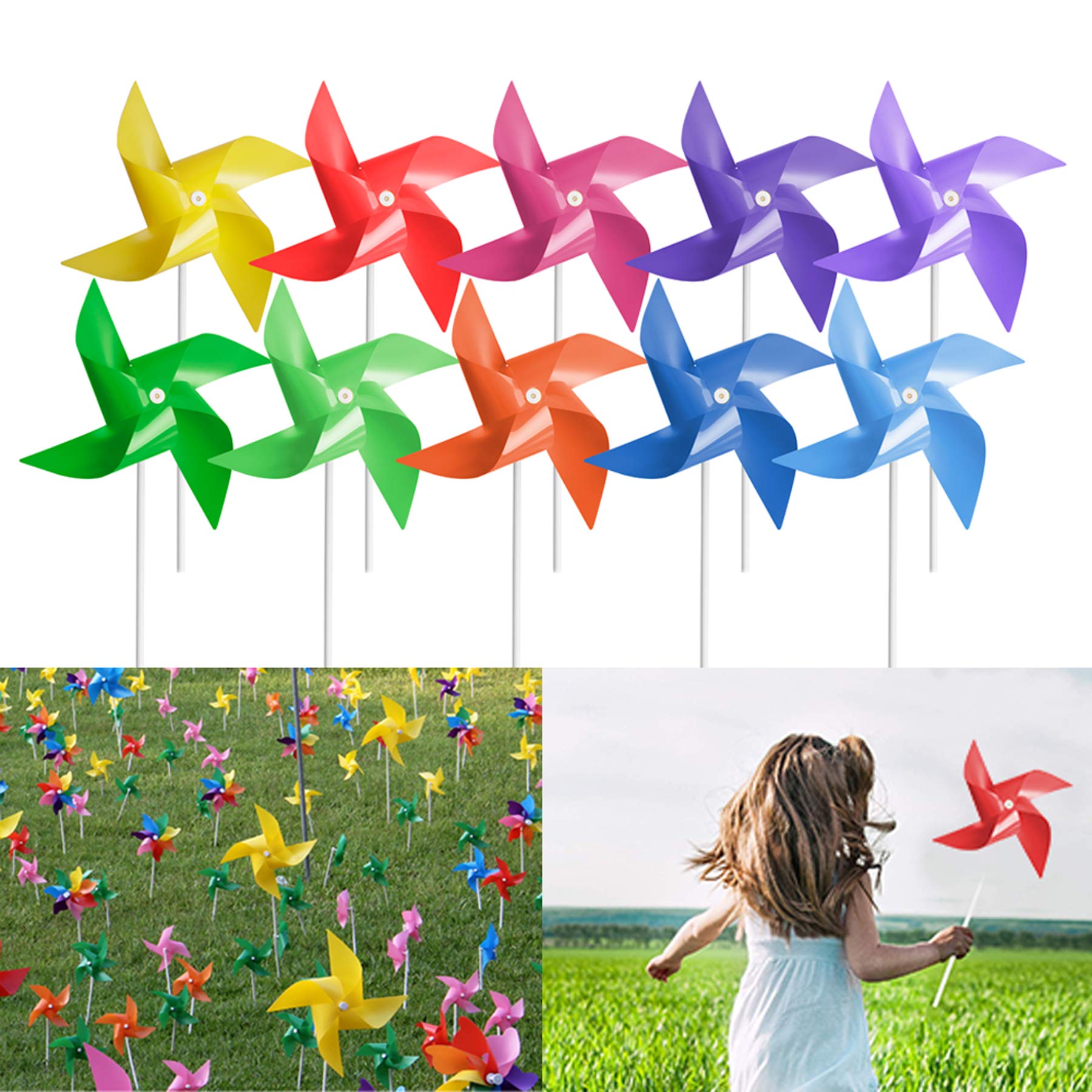 Tsocent 100 Pcs Pinwheels, 10 Mixed Colors Wind Spinners And Party Favors Gifts For Kids, Outdoor Decorational Pinwheels For Yar