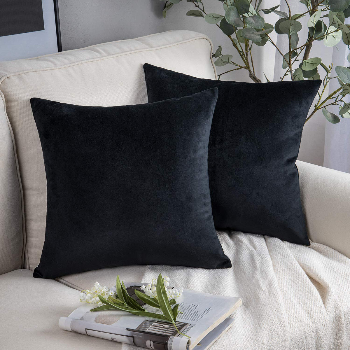 Phantoscope Pack Of 2 Velvet Decorative Throw Pillow Covers Soft Solid Square Cushion Case For Couch Black 24 X 24 Inches 60 X 6