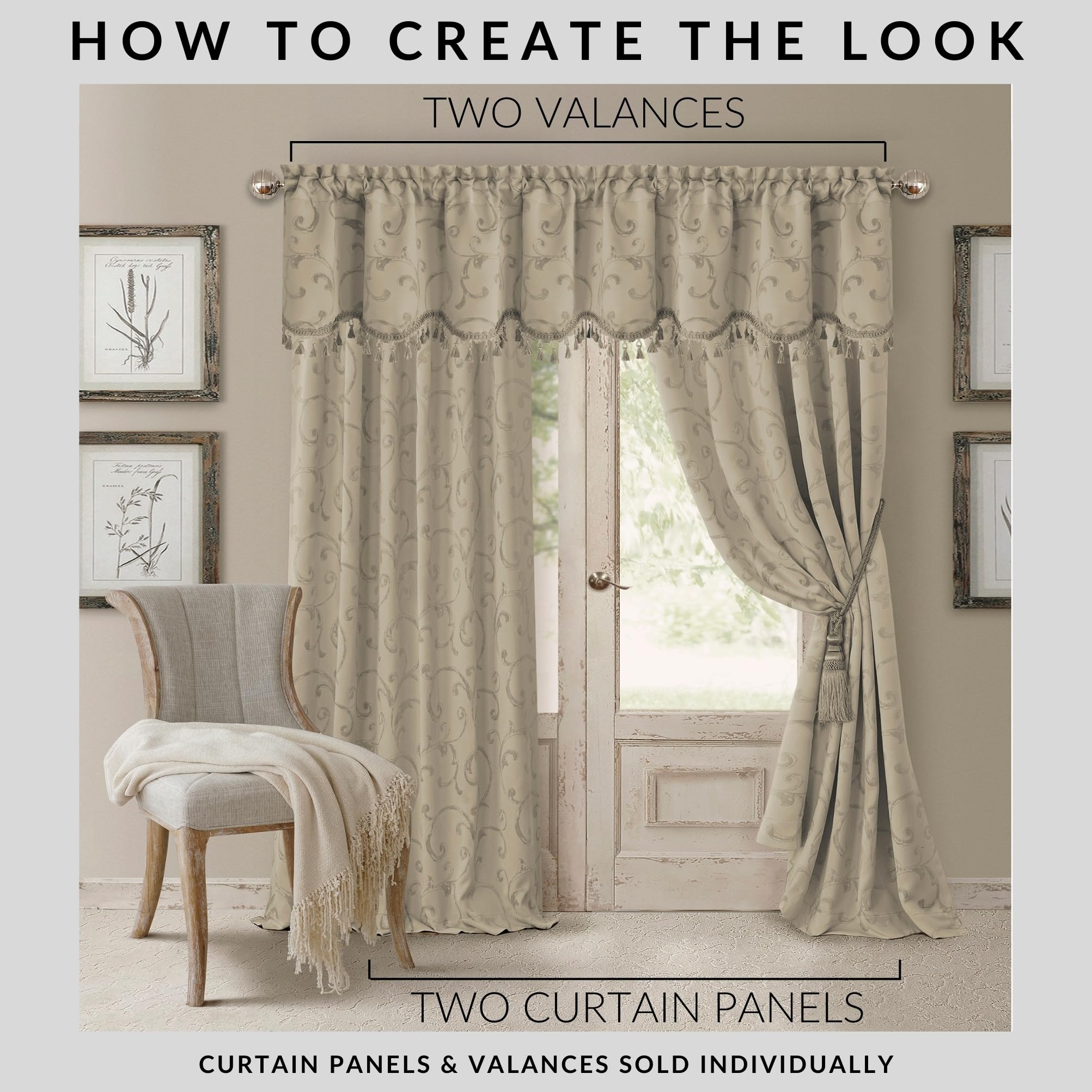 Elrene Home Fashions Mia Jacquard Scroll Blackout Window Curtain, 52'' X 84'' (1 Panel), Natural