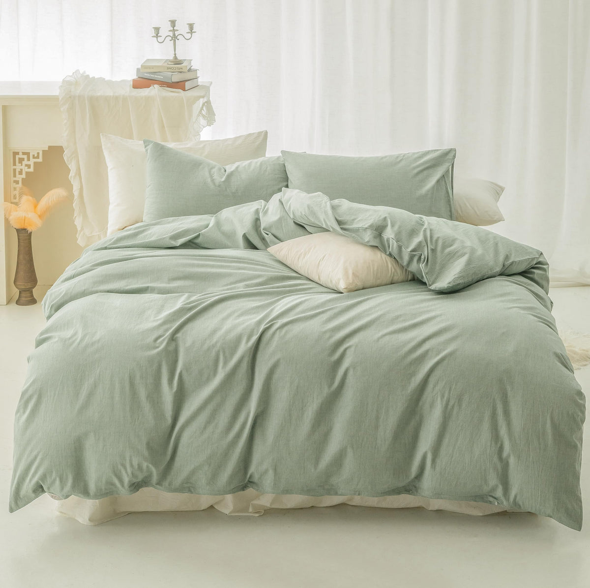 Fossa Duvet Cover Set 100% Washed Cotton Linen Feel Super Soft Breathable Cozy Simple Style 3 Pieces Bedding Sets Solid Sage Gre