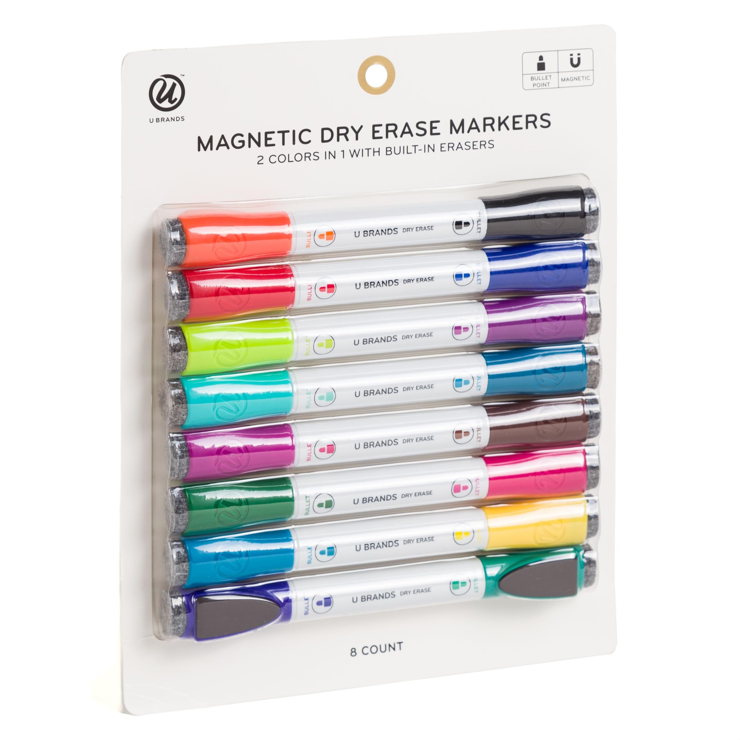 U Brands Double-Ended Magnetic Dry Erase Markers, Bullet Tip, 8 Count, 16 Assorted Colors (5017T06-24)