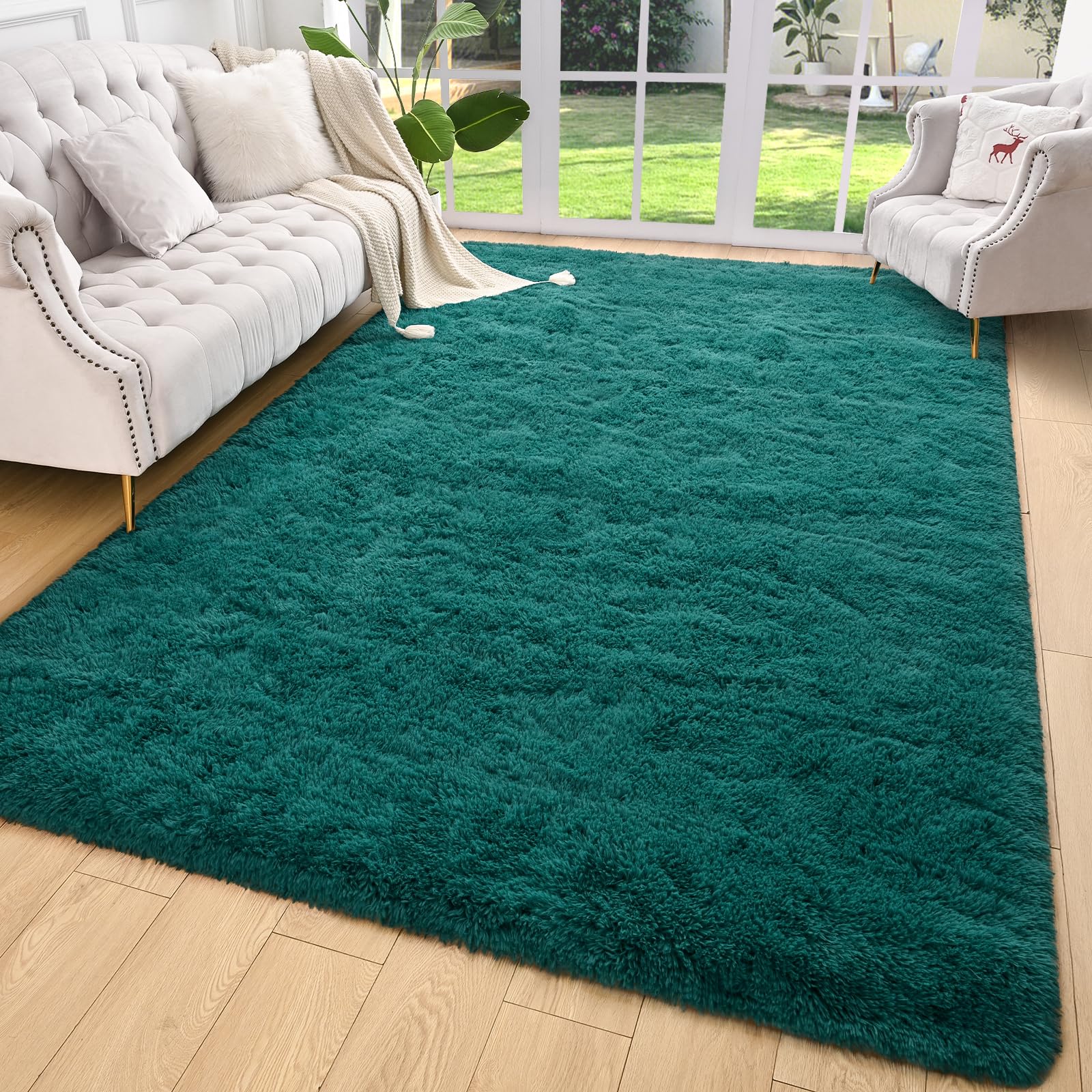 AROGAN Shag Teal Area Rug for Bedroom, 5x7 Feet Washable Rugs for Living Room, Non-Slip Modern Indoor Floor Carpet Rugs, Plush M