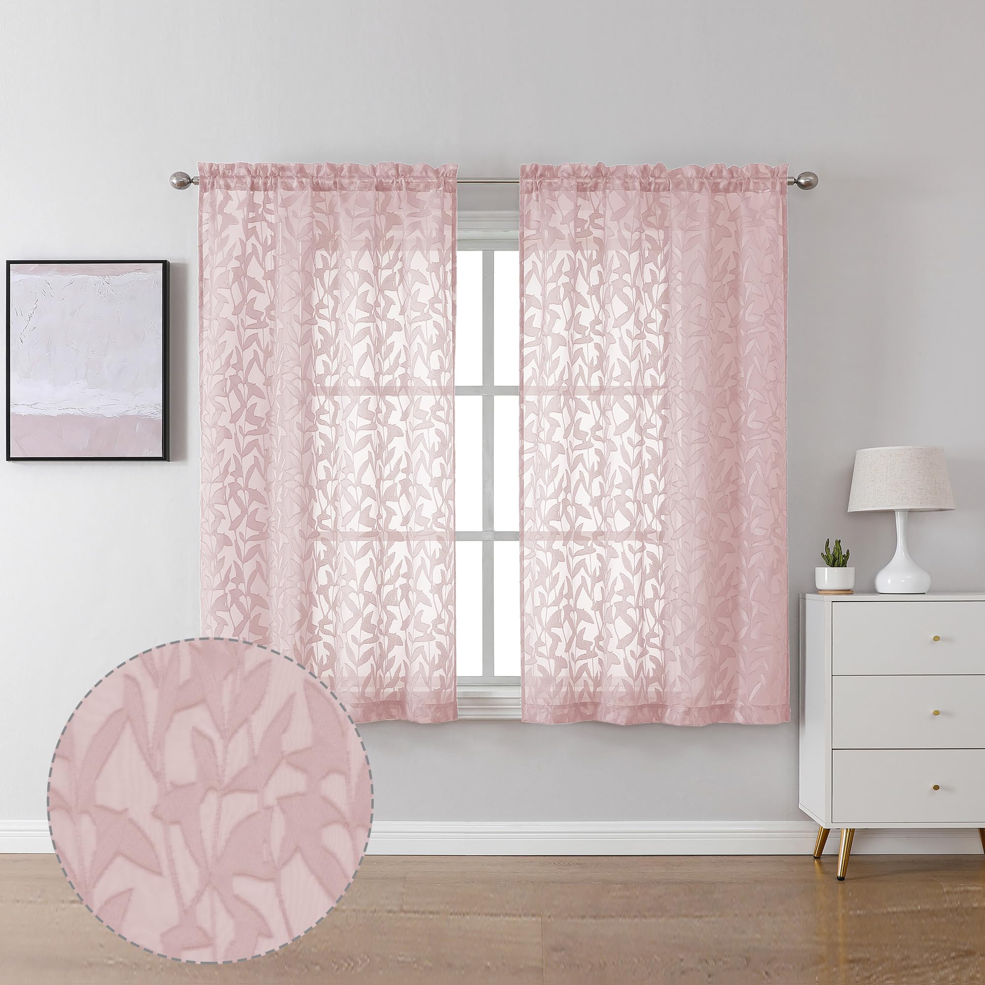 Lecloud Leia Clip Textured Sheer Blush Curtains 45 Inch Length 2 Panels, Dual Rod Pockets Window Living Room Voile Pink Curtain,