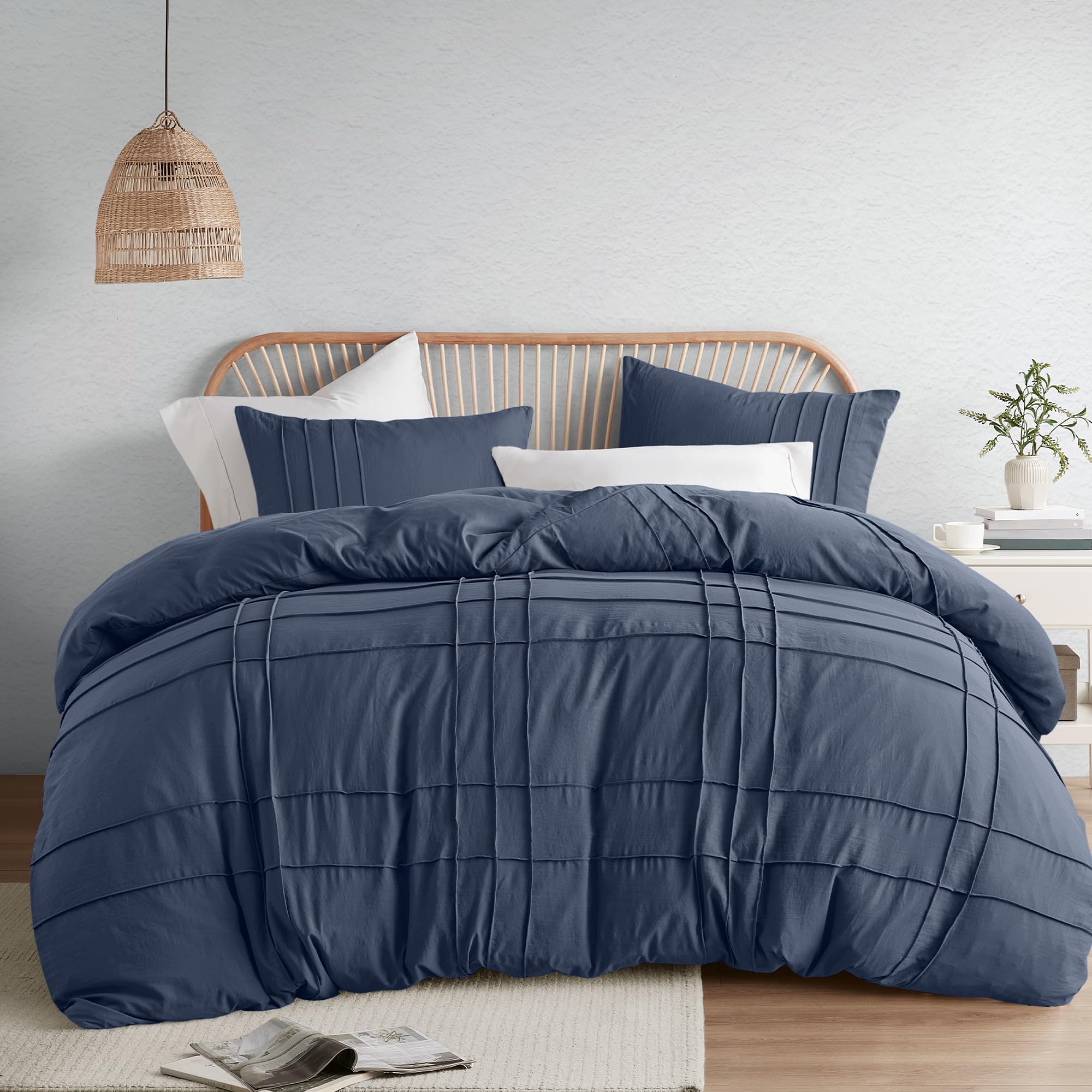 Comfort Spaces Navy Queen Size Duvet Cover Set - 3-Pc Pintuck Pleated Duvet Cover Queen, All Season Lightweight, Extra Softness Pre-Washed Microfiber Queen Bed Cover Shams, Queen