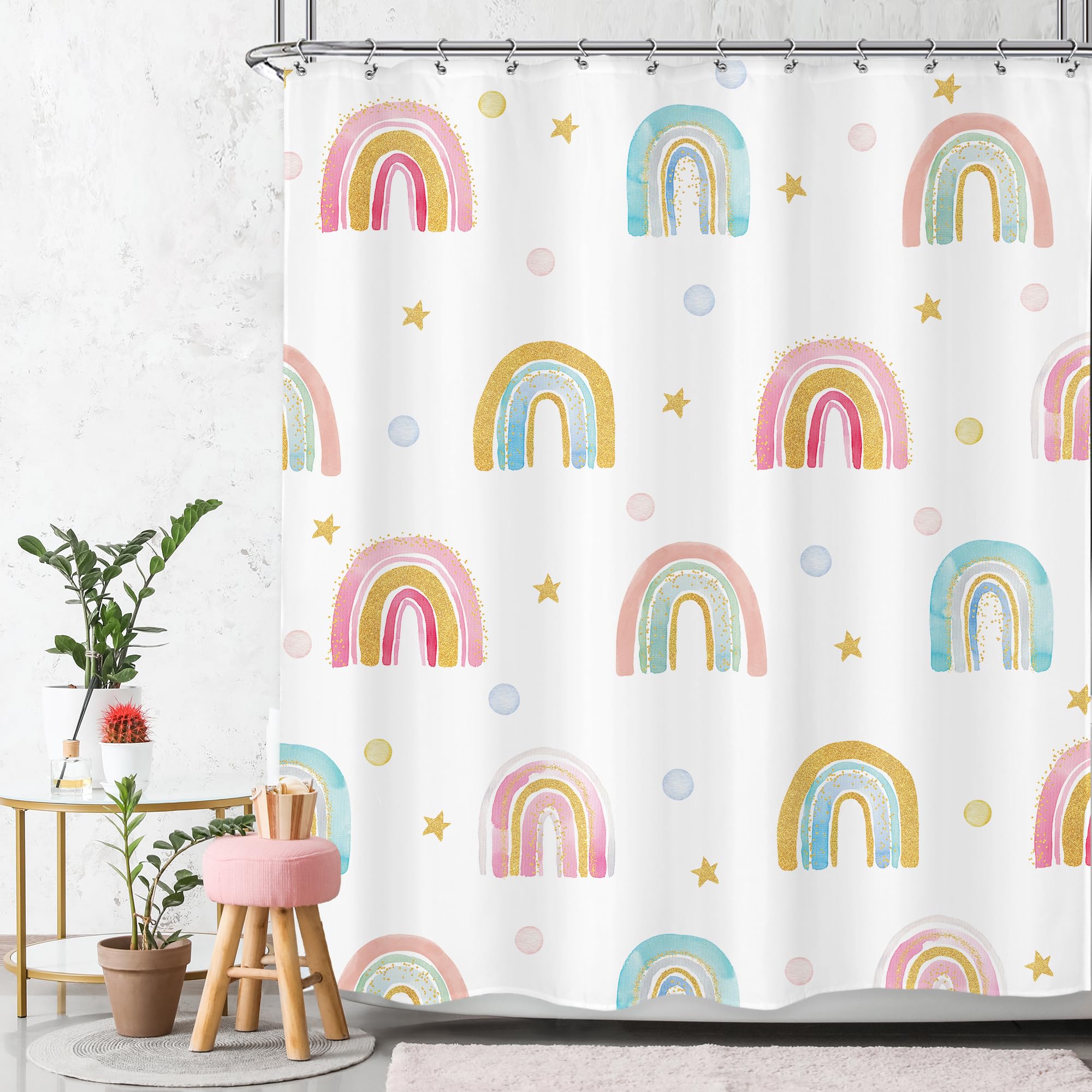 Ufeela Kids Rainbow Shower Curtain Girls Cute Cartoon Rainbow Colorful Polka Dot Children Toddler Nursery Prerry Retro 60Wx72L I